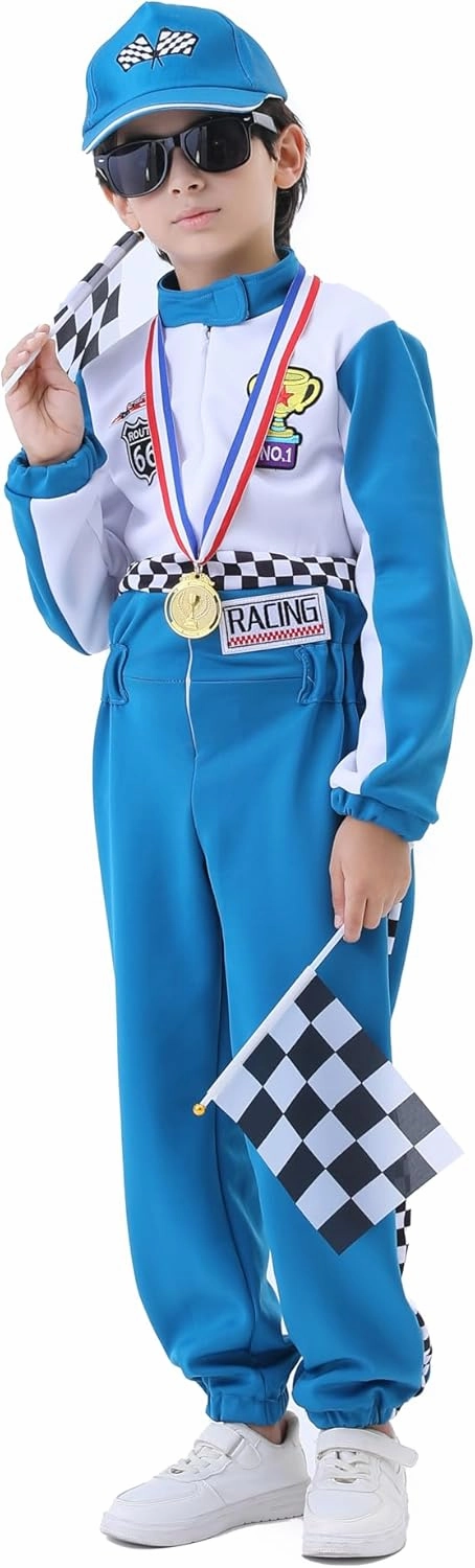Kids Racing Suit Costume Toddler and Boys Race Car Driver Jumpsuit, Dress Up & Pretend Play, Ages 3-12
