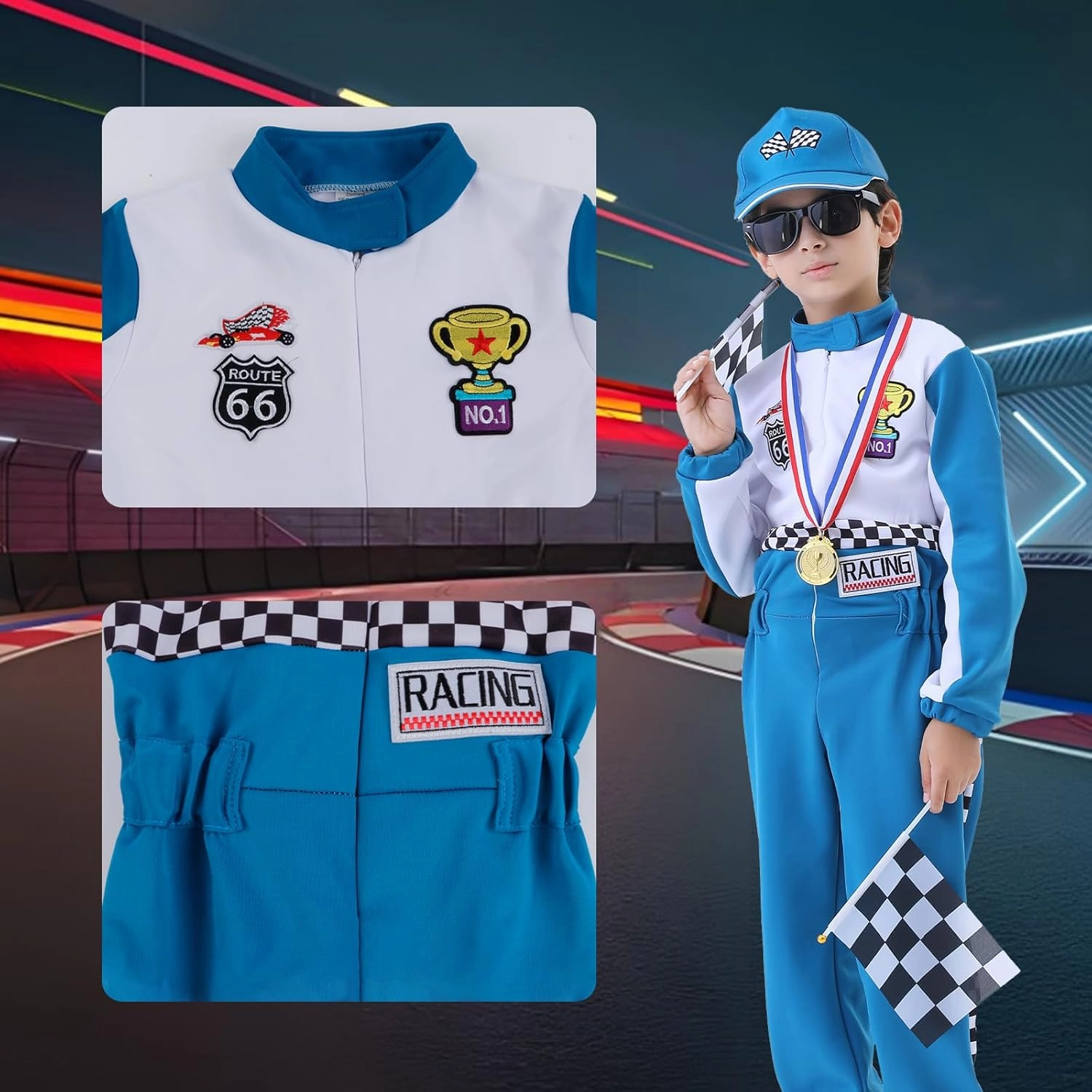 Kids Racing Suit Costume Toddler and Boys Race Car Driver Jumpsuit, Dress Up & Pretend Play, Ages 3-12