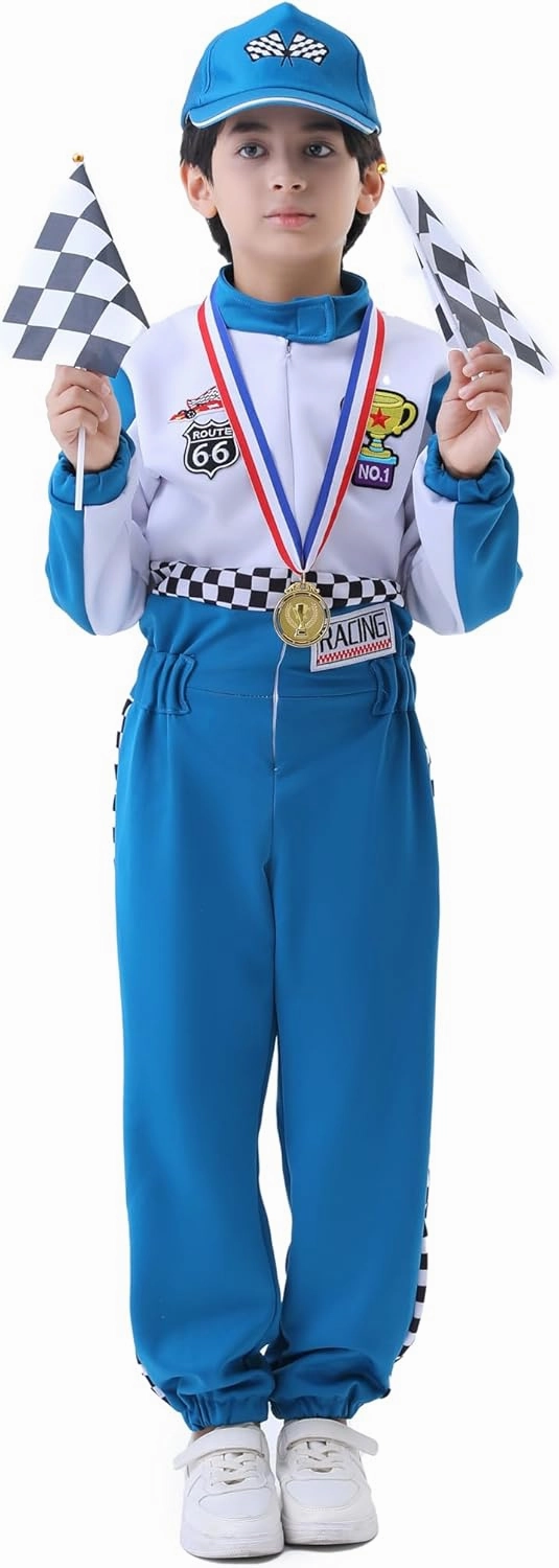 Kids Racing Suit Costume Toddler and Boys Race Car Driver Jumpsuit, Dress Up & Pretend Play, Ages 3-12