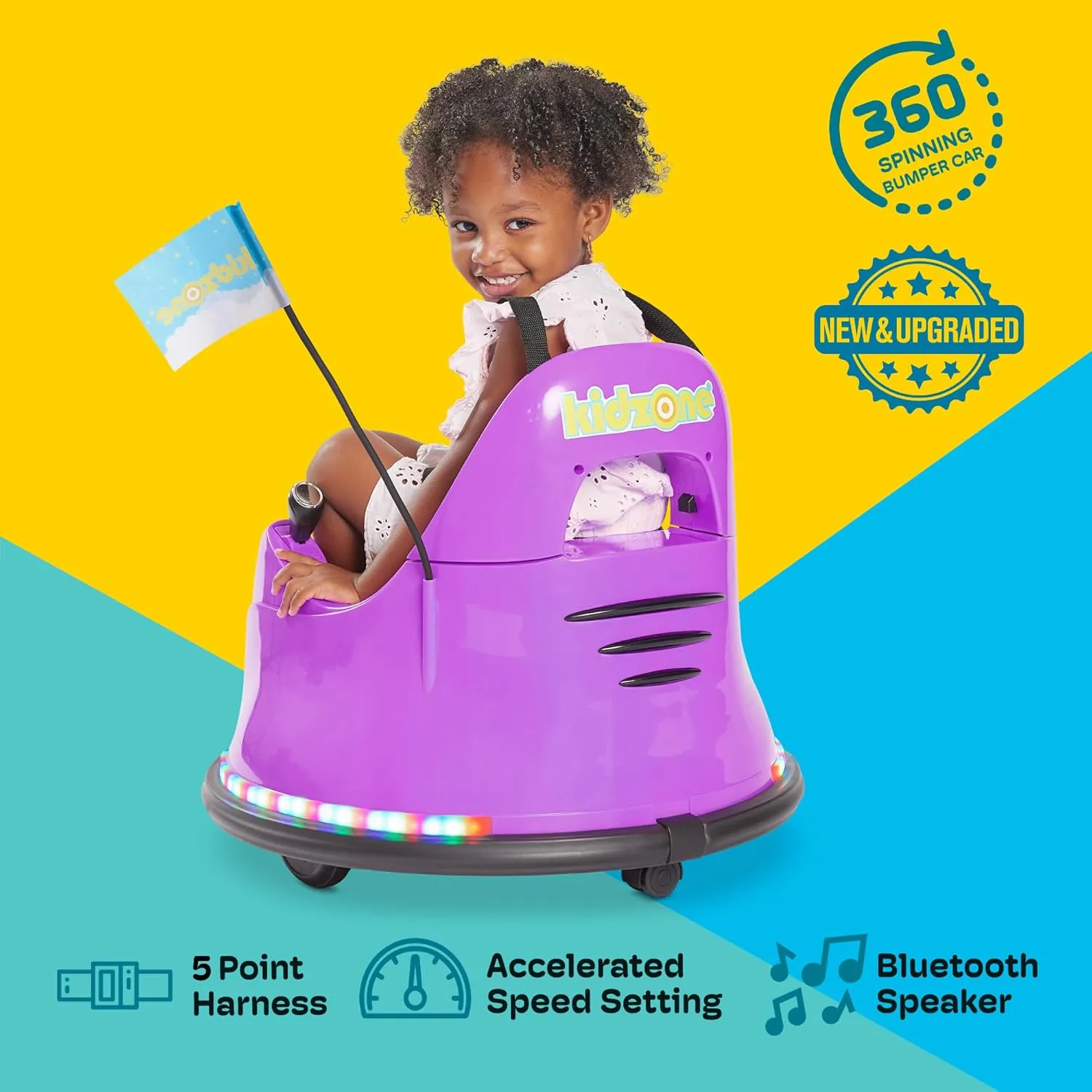 Kidzone Smart Bumper Car for Toddler & Kids 1.5-6 Years Old, 12V 2-Speeds Electric Ride On Bumping Toy Gifts W/Remote Control, APP Control, LED Lights, Bluetooth, 360°Spin and DIY Sticker, Purple