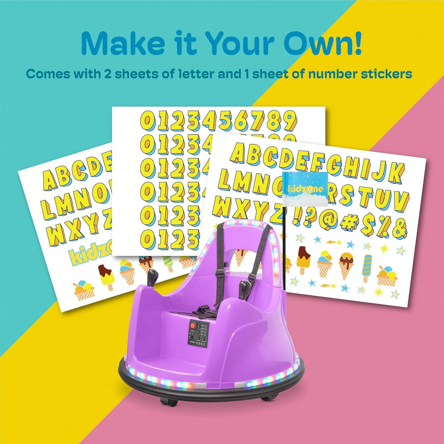 Kidzone Smart Bumper Car for Toddler & Kids 1.5-6 Years Old, 12V 2-Speeds Electric Ride On Bumping Toy Gifts W/Remote Control, APP Control, LED Lights, Bluetooth, 360°Spin and DIY Sticker, Purple