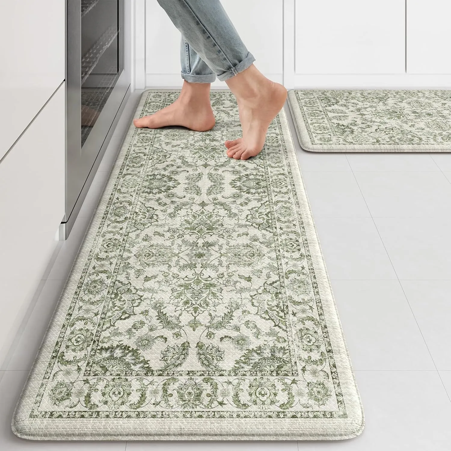 KIMODE Anti Fatigue Kitchen Mat Set, Non Slip Waterproof Kitchen Rug Set of 2, Boho Rugs for Kitchen, Ergonomic Standing Kitchen Sink Mats for Floor, 17.3"x47" 17.3"x29", Green