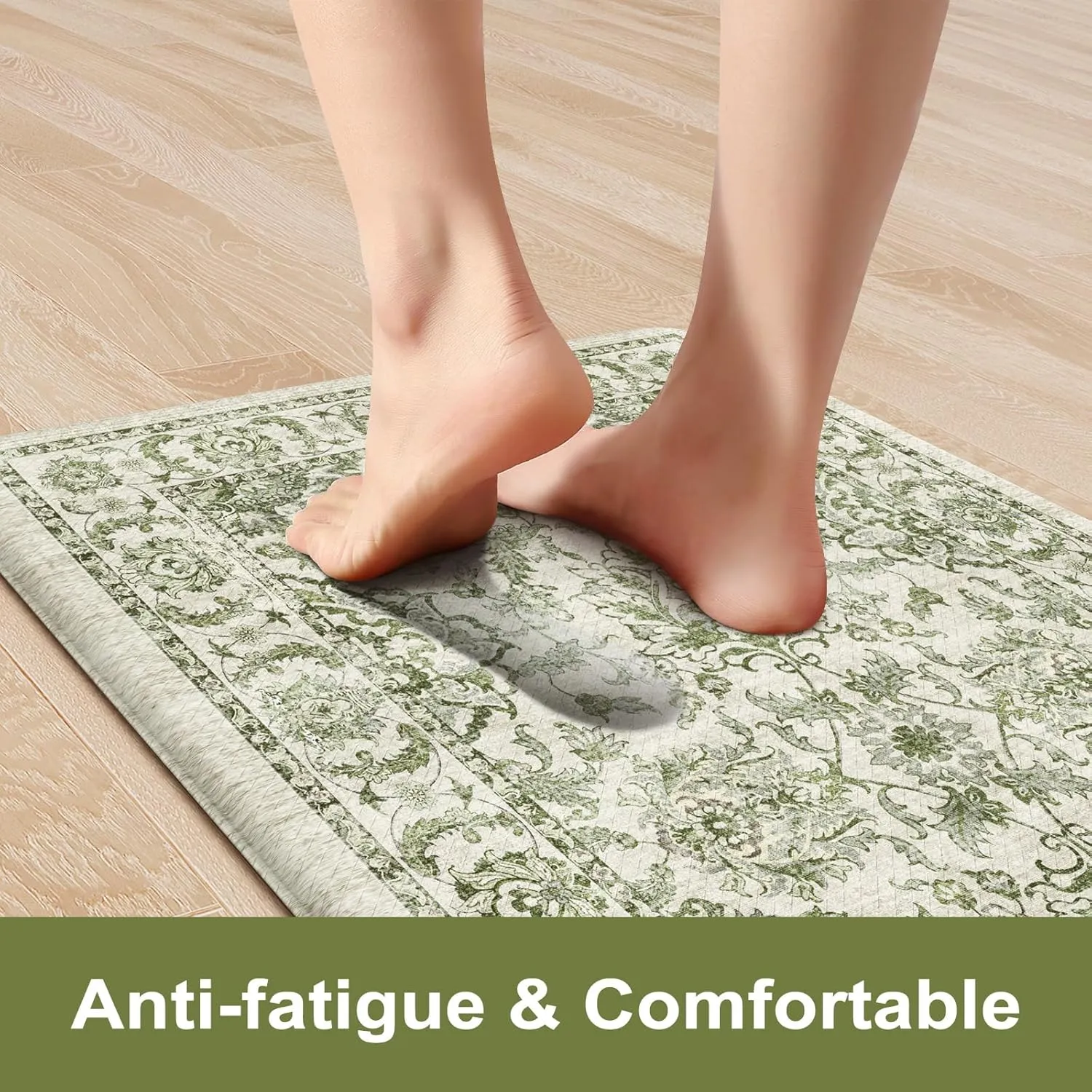 KIMODE Anti Fatigue Kitchen Mat Set, Non Slip Waterproof Kitchen Rug Set of 2, Boho Rugs for Kitchen, Ergonomic Standing Kitchen Sink Mats for Floor, 17.3"x47" 17.3"x29", Green