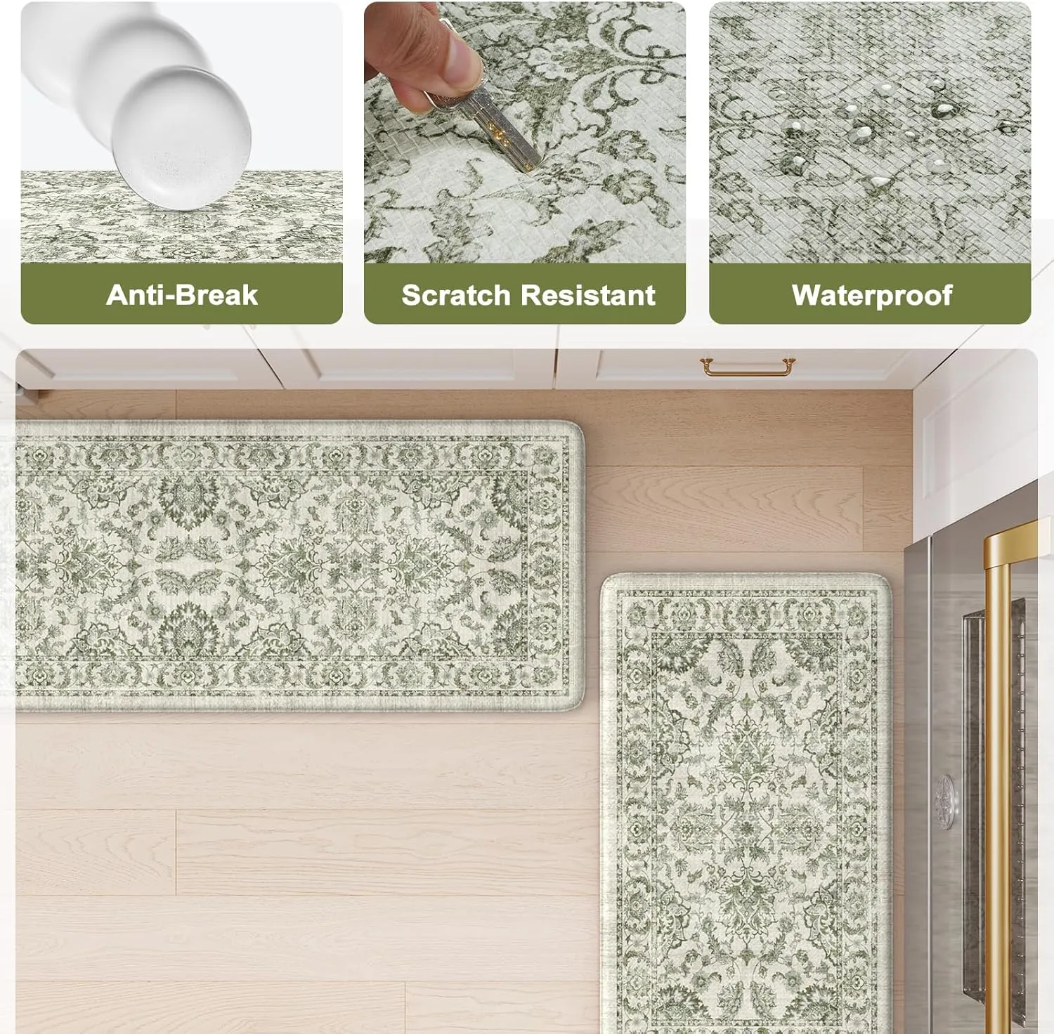 KIMODE Anti Fatigue Kitchen Mat Set, Non Slip Waterproof Kitchen Rug Set of 2, Boho Rugs for Kitchen, Ergonomic Standing Kitchen Sink Mats for Floor, 17.3"x47" 17.3"x29", Green