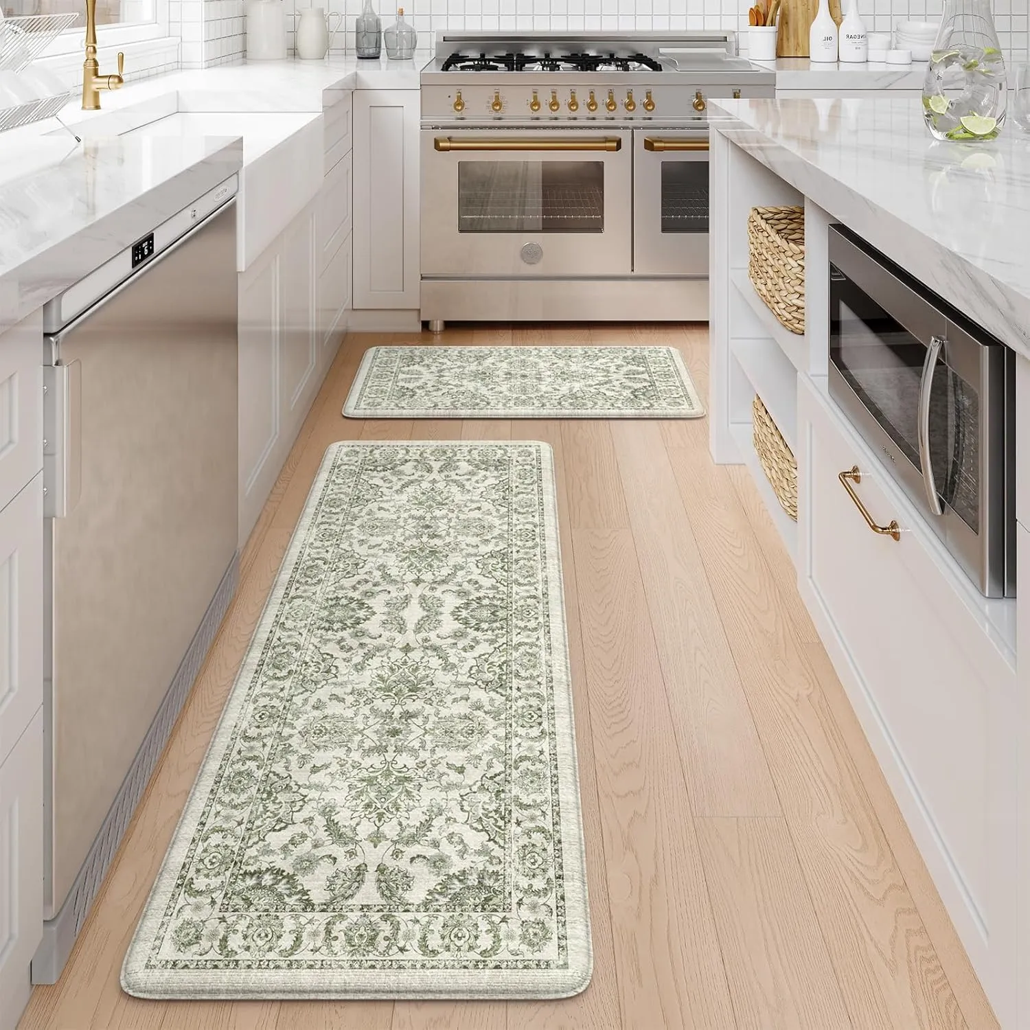 KIMODE Anti Fatigue Kitchen Mat Set, Non Slip Waterproof Kitchen Rug Set of 2, Boho Rugs for Kitchen, Ergonomic Standing Kitchen Sink Mats for Floor, 17.3"x47" 17.3"x29", Green