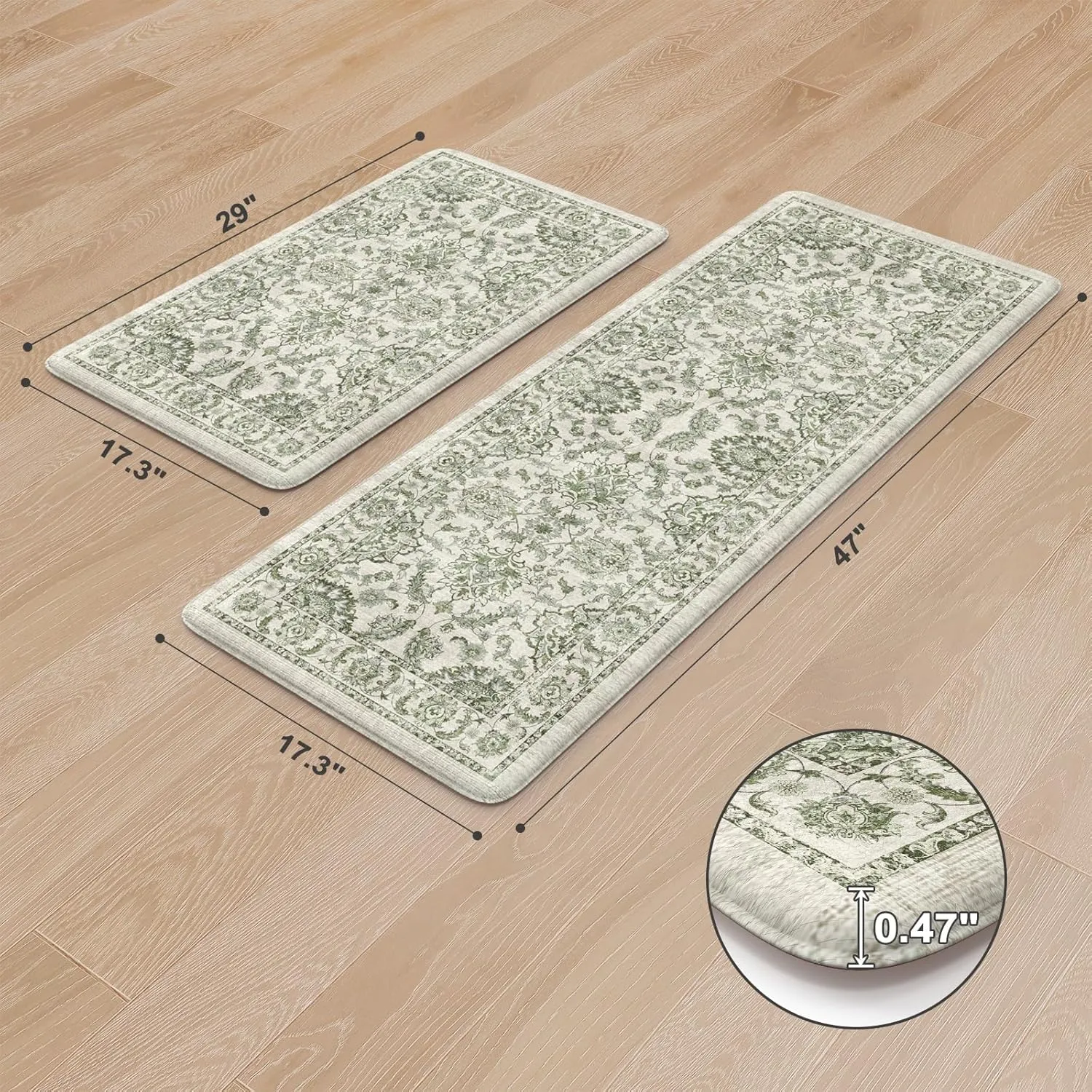 KIMODE Anti Fatigue Kitchen Mat Set, Non Slip Waterproof Kitchen Rug Set of 2, Boho Rugs for Kitchen, Ergonomic Standing Kitchen Sink Mats for Floor, 17.3"x47" 17.3"x29", Green
