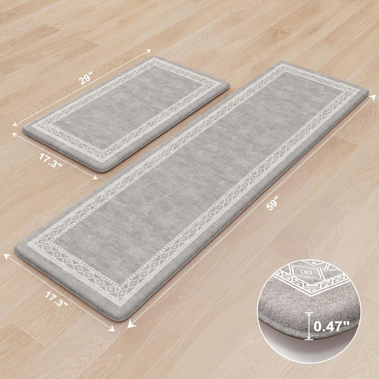 KIMODE Anti Fatigue Kitchen Mat for Floor, Farmhouse Kitchen Rugs Sets of 2, 17"x59" 17"x29" Kitchen Floor Mats Non-Slip, Cushioned mats for Kitchen Floor, Sink, Laundry, Office, Desk Grey