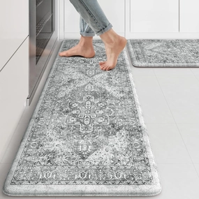 KIMODE Anti Fatigue Kitchen Mats, 2 PCS Cushioned Kitchen Rugs and Mats, Waterproof Kitchen Floor Mats Non Slip, Boho Comfort Foam Standing Mat for Laundry, Office, Sink, Grey Brown 17"x47" 17"x29"