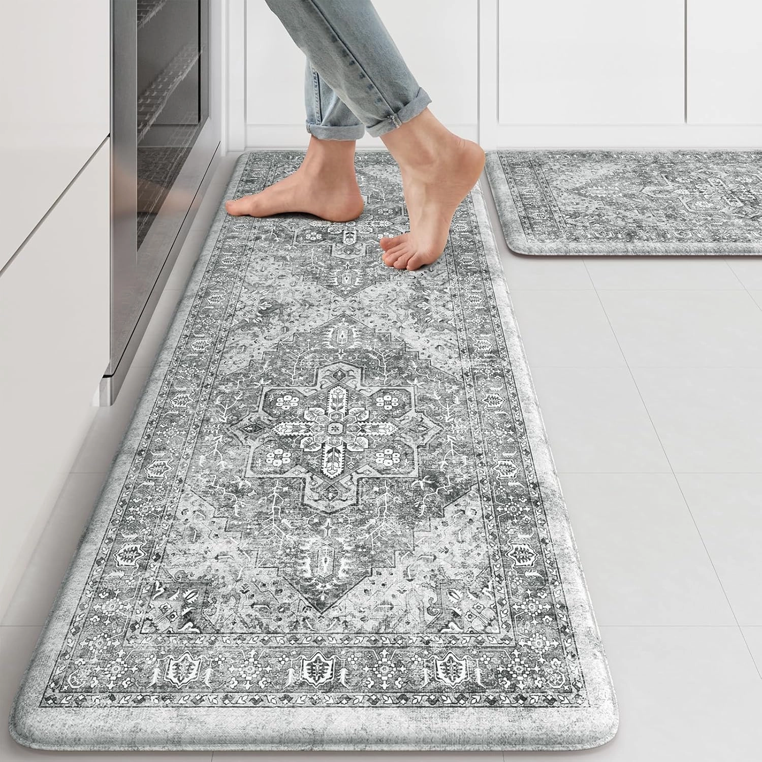 KIMODE Anti Fatigue Kitchen Mats, 2 PCS Cushioned Kitchen Rugs and Mats, Waterproof Kitchen Floor Mats Non Slip, Boho Comfort Foam Standing Mat for Laundry, Office, Sink, Grey Brown 17"x47" 17"x29"