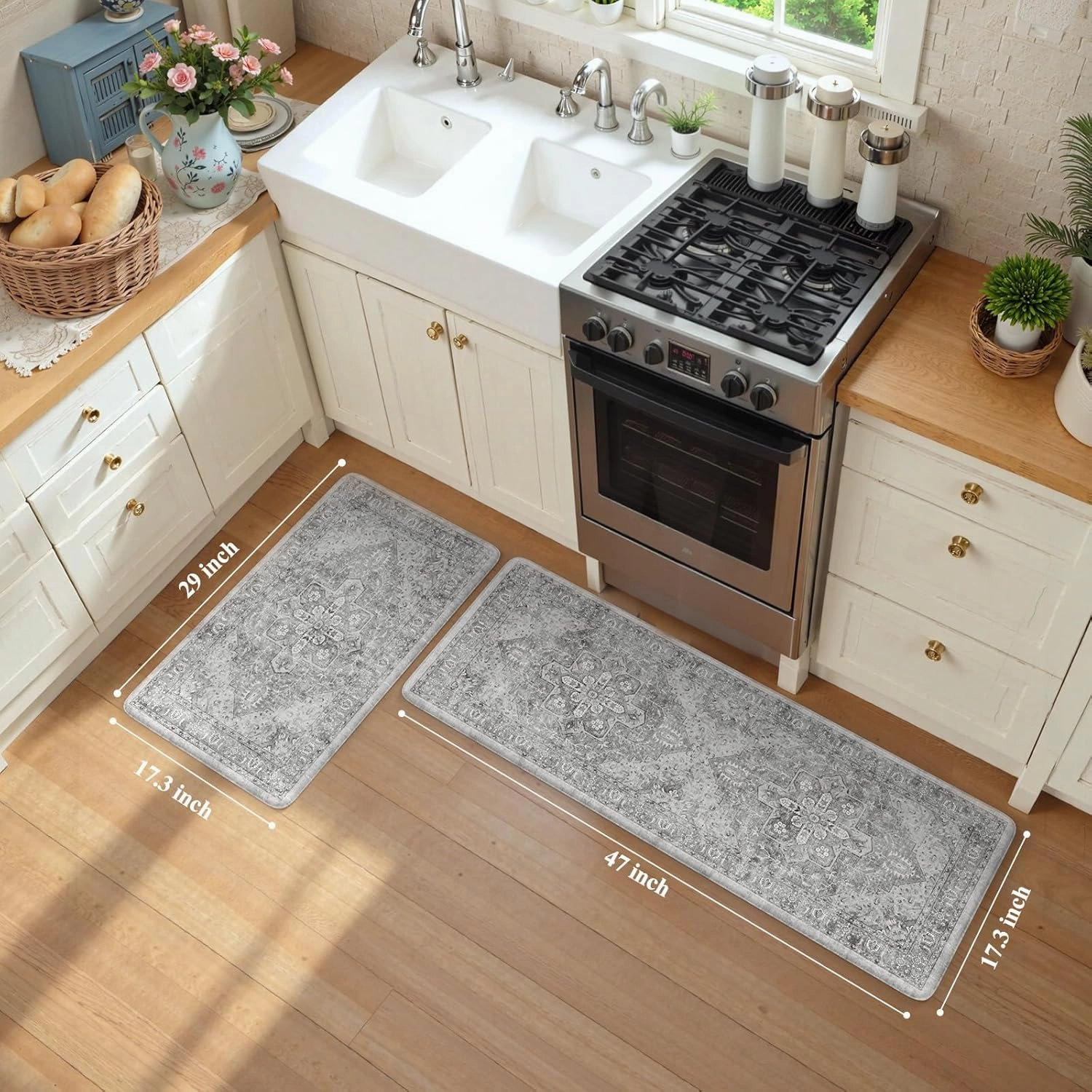 KIMODE Anti Fatigue Kitchen Mats, 2 PCS Cushioned Kitchen Rugs and Mats, Waterproof Kitchen Floor Mats Non Slip, Boho Comfort Foam Standing Mat for Laundry, Office, Sink, Grey Brown 17"x47" 17"x29"