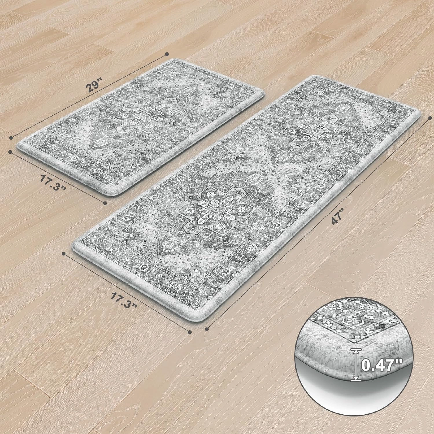 KIMODE Anti Fatigue Kitchen Mats, 2 PCS Cushioned Kitchen Rugs and Mats, Waterproof Kitchen Floor Mats Non Slip, Boho Comfort Foam Standing Mat for Laundry, Office, Sink, Grey Brown 17"x47" 17"x29"
