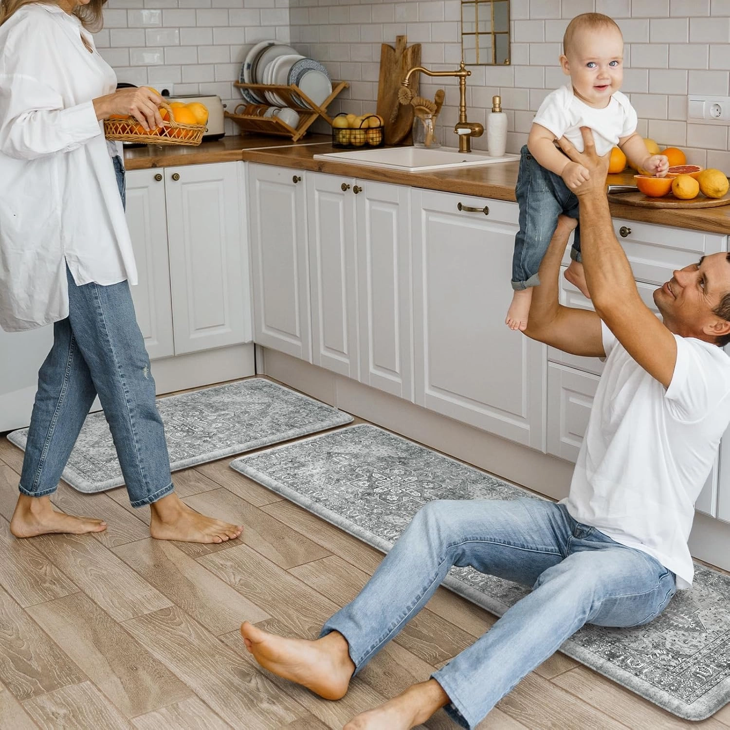 KIMODE Anti Fatigue Kitchen Mats, 2 PCS Cushioned Kitchen Rugs and Mats, Waterproof Kitchen Floor Mats Non Slip, Boho Comfort Foam Standing Mat for Laundry, Office, Sink, Grey Brown 17"x47" 17"x29"