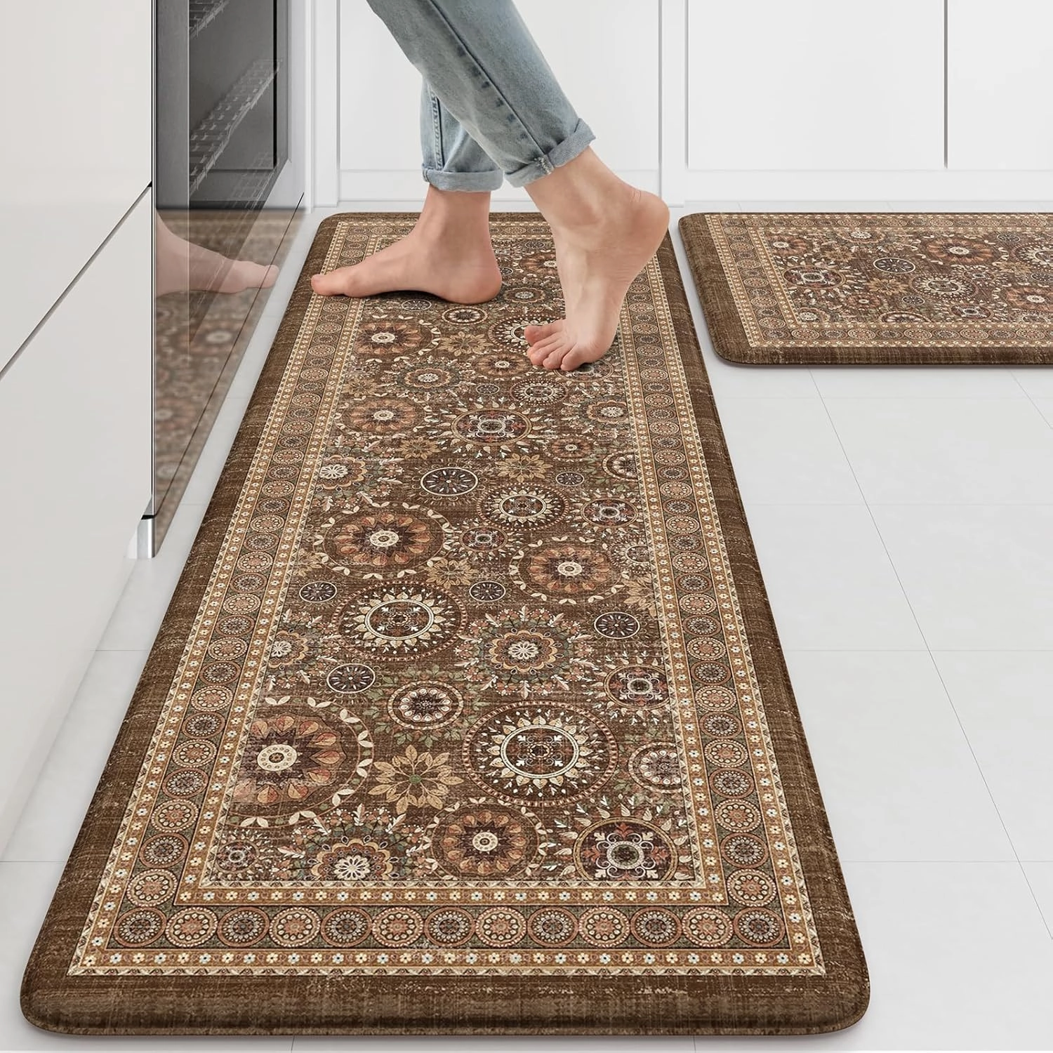 KIMODE Anti Fatigue Kitchen Mats for Floor Farmhouse Kitchen Rugs Sets of 2 Cushioned Kitchen Floor Mats Comfort Standing Mat for Sink Laundry Office Desk Brown 17"x47" 17"x29"