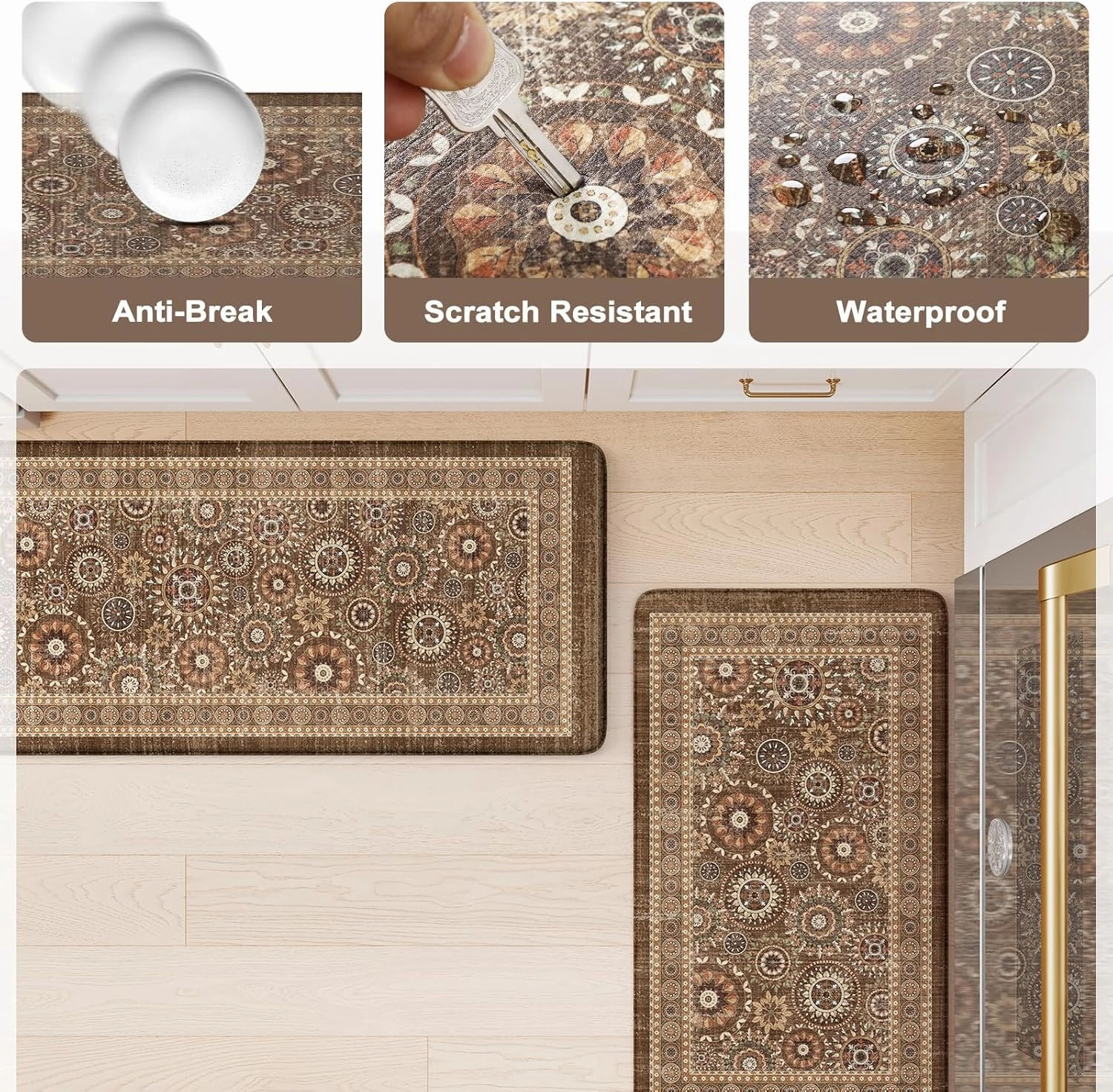 KIMODE Anti Fatigue Kitchen Mats for Floor Farmhouse Kitchen Rugs Sets of 2 Cushioned Kitchen Floor Mats Comfort Standing Mat for Sink Laundry Office Desk Brown 17"x47" 17"x29"