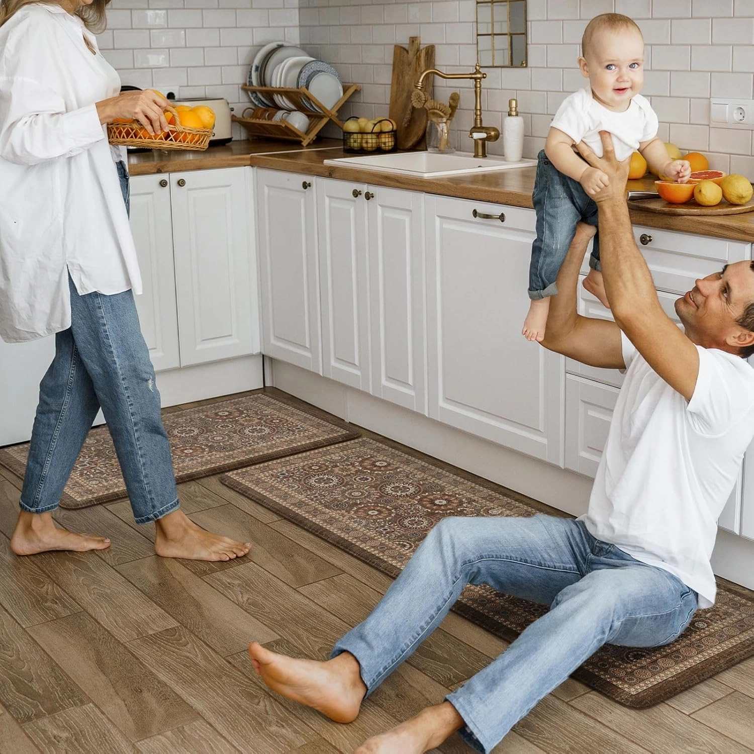 KIMODE Anti Fatigue Kitchen Mats for Floor Farmhouse Kitchen Rugs Sets of 2 Cushioned Kitchen Floor Mats Comfort Standing Mat for Sink Laundry Office Desk Brown 17"x47" 17"x29"