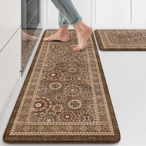 KIMODE Anti Fatigue Kitchen Mats for Floor Farmhouse Kitchen Rugs Sets of 2 Cushioned Kitchen Floor Mats Comfort Standing Mat for Sink Laundry Office Desk Brown 17"x47" 17"x29"