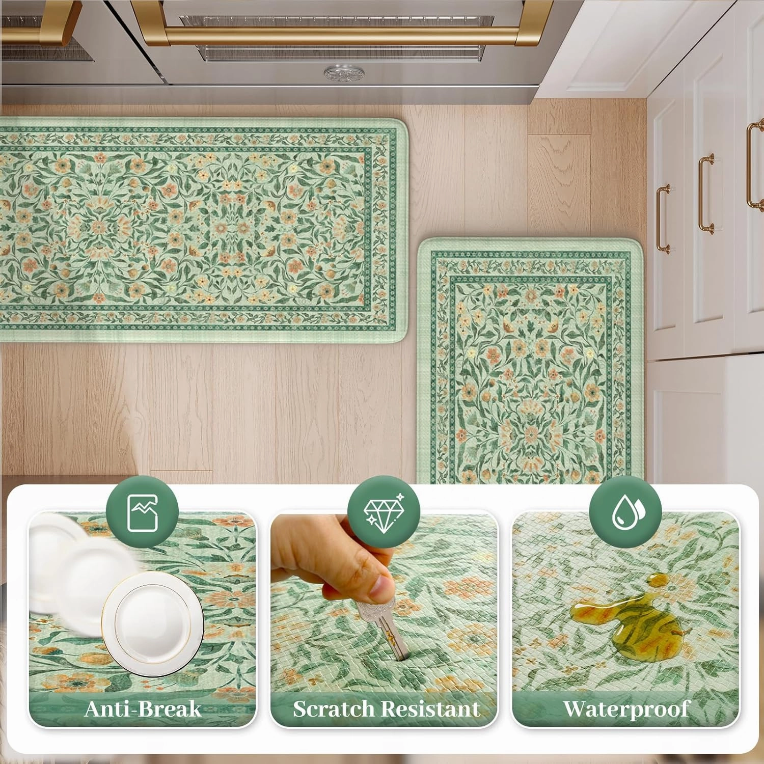KIMODE Anti Fatigue Mats for Kitchen Floor, 17.3"x29" 17.3"x47" Farmhouse Kitchen Rugs Sets of 2, Cushioned Kitchen Mats for Floor Non Slip, Padded Standing Desk Mat for Sink Laundry Desk Green