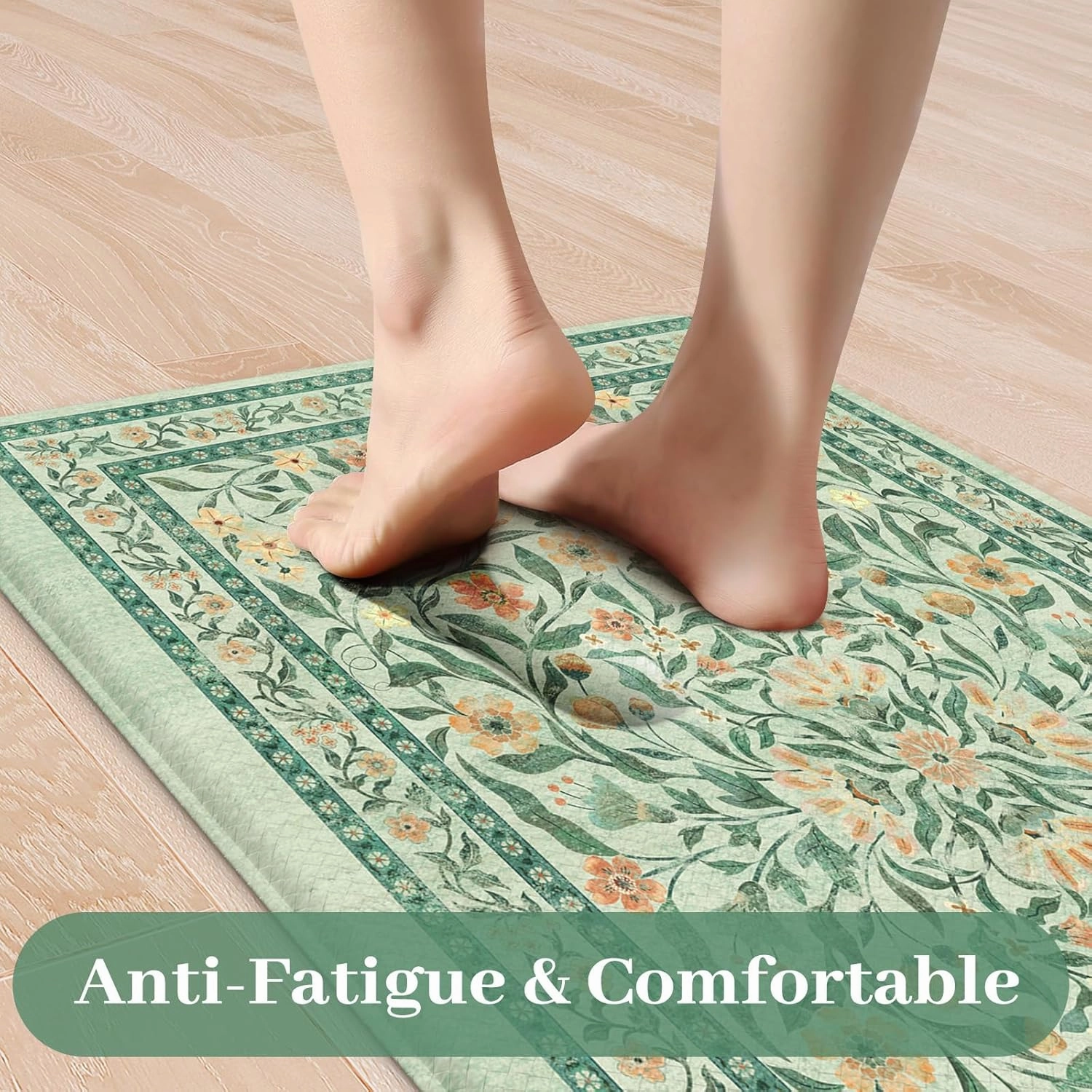 KIMODE Anti Fatigue Mats for Kitchen Floor, 17.3"x29" 17.3"x47" Farmhouse Kitchen Rugs Sets of 2, Cushioned Kitchen Mats for Floor Non Slip, Padded Standing Desk Mat for Sink Laundry Desk Green