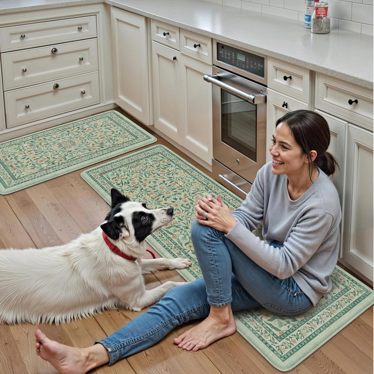 KIMODE Anti Fatigue Mats for Kitchen Floor, 17.3"x29" 17.3"x47" Farmhouse Kitchen Rugs Sets of 2, Cushioned Kitchen Mats for Floor Non Slip, Padded Standing Desk Mat for Sink Laundry Desk Green