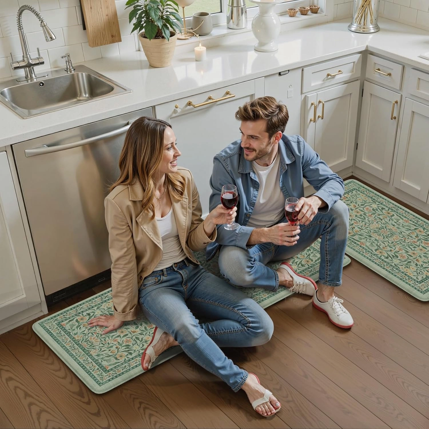 KIMODE Anti Fatigue Mats for Kitchen Floor, 17.3"x29" 17.3"x47" Farmhouse Kitchen Rugs Sets of 2, Cushioned Kitchen Mats for Floor Non Slip, Padded Standing Desk Mat for Sink Laundry Desk Green