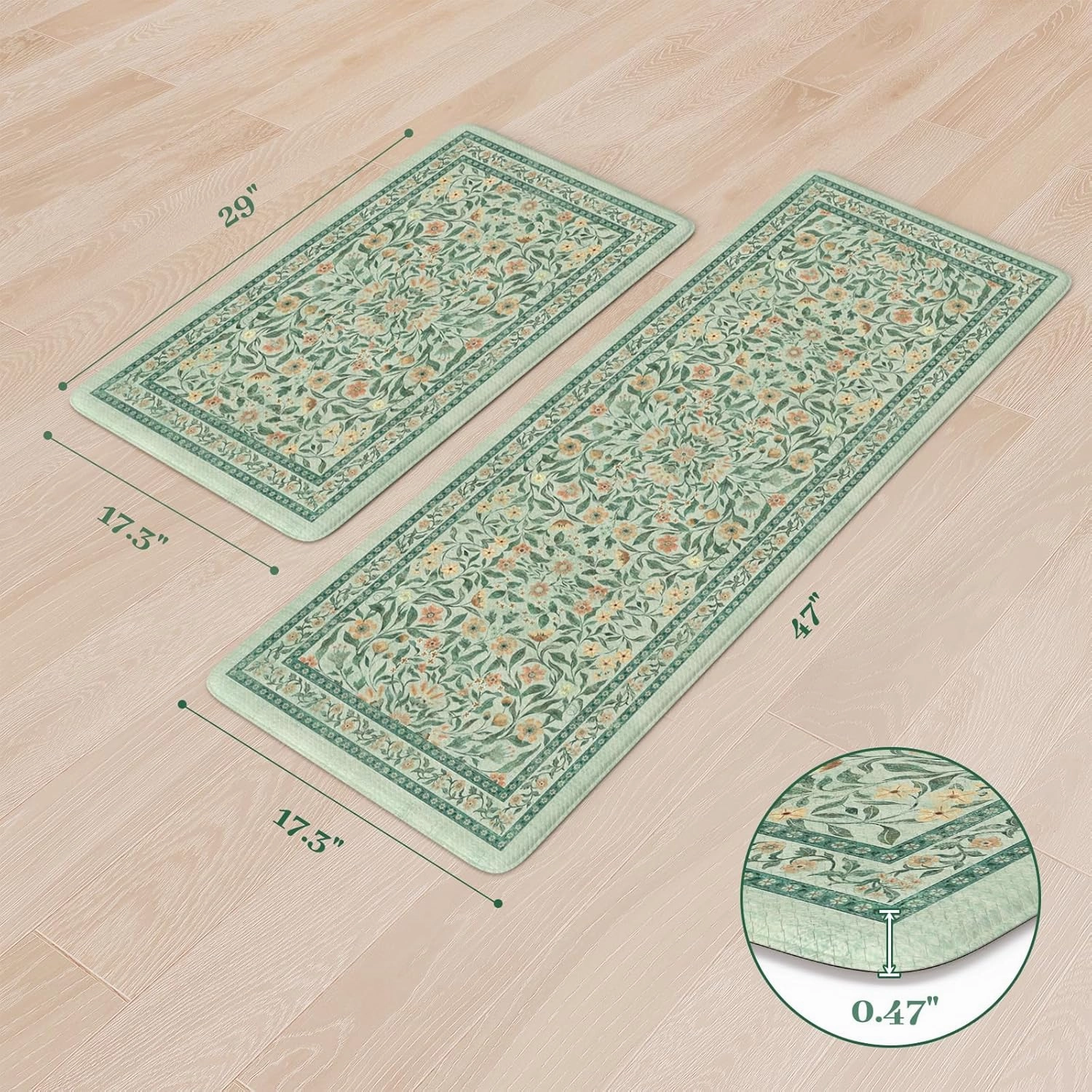 KIMODE Anti Fatigue Mats for Kitchen Floor, 17.3"x29" 17.3"x47" Farmhouse Kitchen Rugs Sets of 2, Cushioned Kitchen Mats for Floor Non Slip, Padded Standing Desk Mat for Sink Laundry Desk Green
