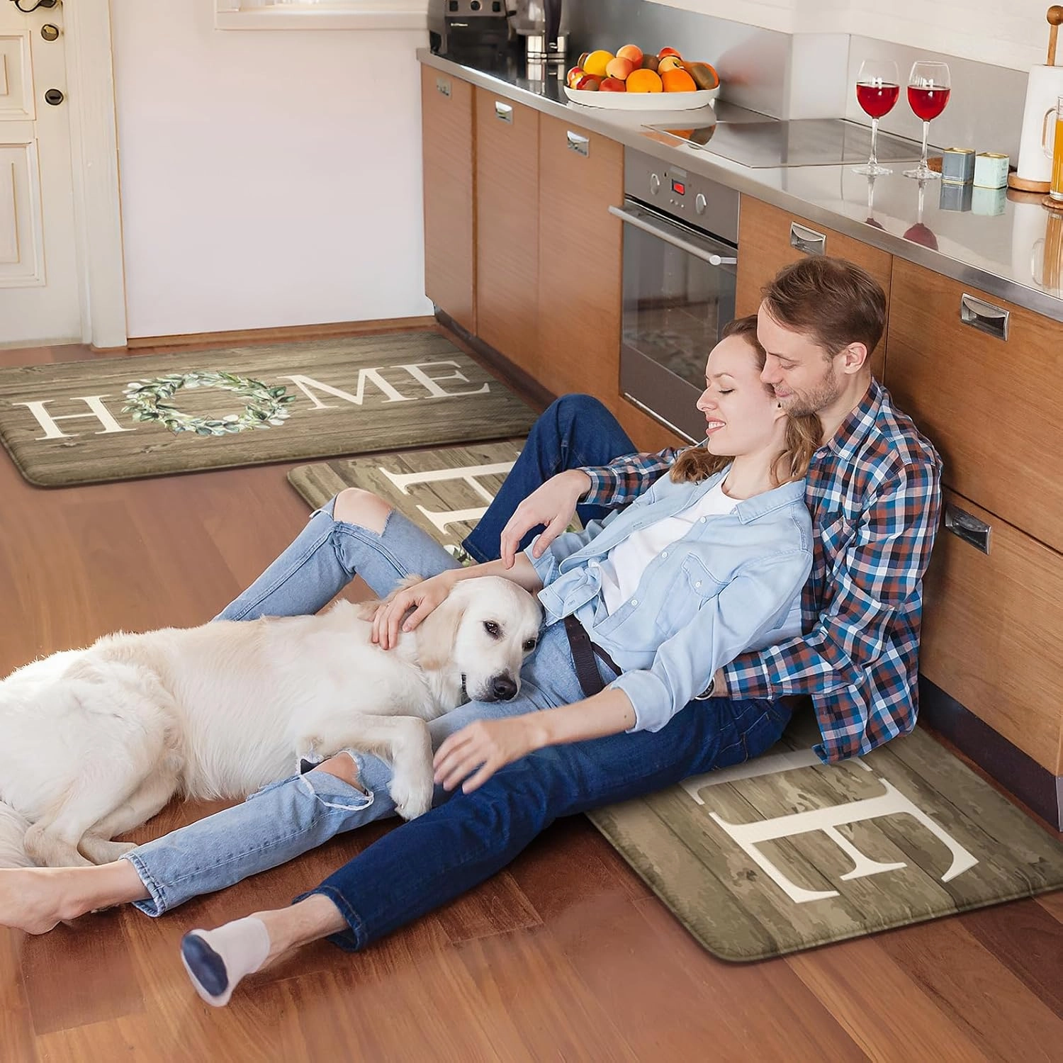KIMODE Kitchen Mats Cushioned Anti Fatigue, 17"x47" 17"x29" Farmhouse Kitchen Rugs Sets of 2, Non Slip Kitchen Mats for Floor, Padded Kitchen Floor Mats for Sink, Laundry, Desk Khaki