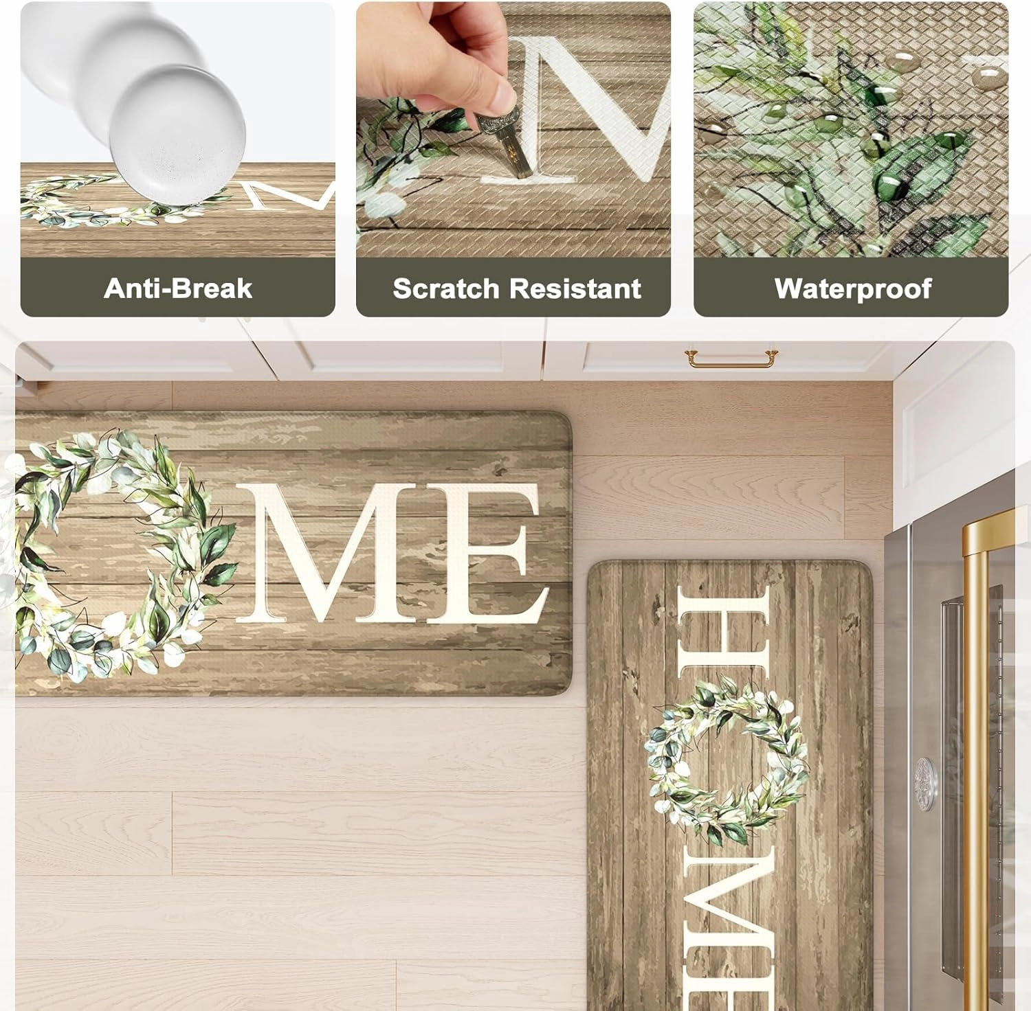 KIMODE Kitchen Mats Cushioned Anti Fatigue, 17"x47" 17"x29" Farmhouse Kitchen Rugs Sets of 2, Non Slip Kitchen Mats for Floor, Padded Kitchen Floor Mats for Sink, Laundry, Desk Khaki