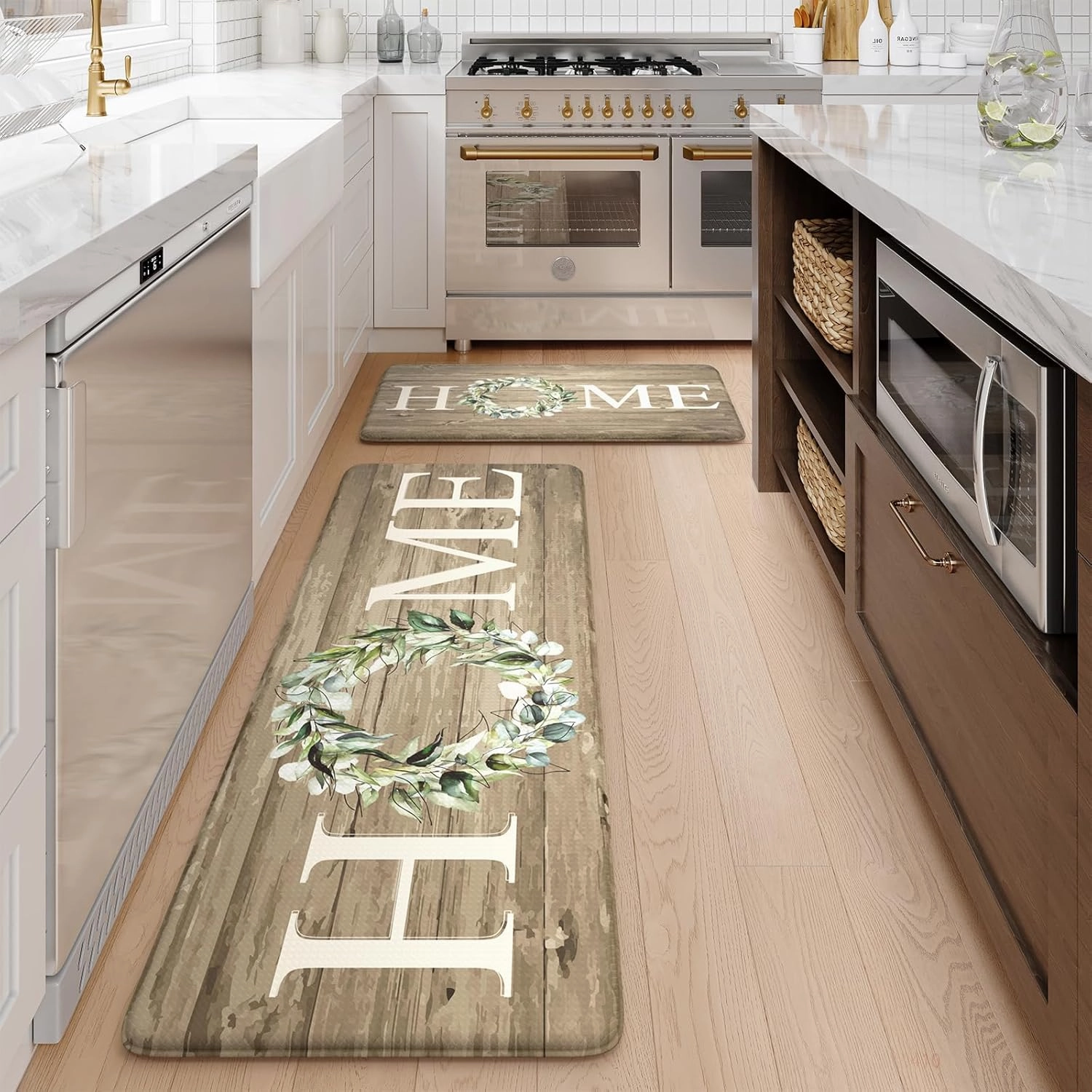 KIMODE Kitchen Mats Cushioned Anti Fatigue, 17"x47" 17"x29" Farmhouse Kitchen Rugs Sets of 2, Non Slip Kitchen Mats for Floor, Padded Kitchen Floor Mats for Sink, Laundry, Desk Khaki