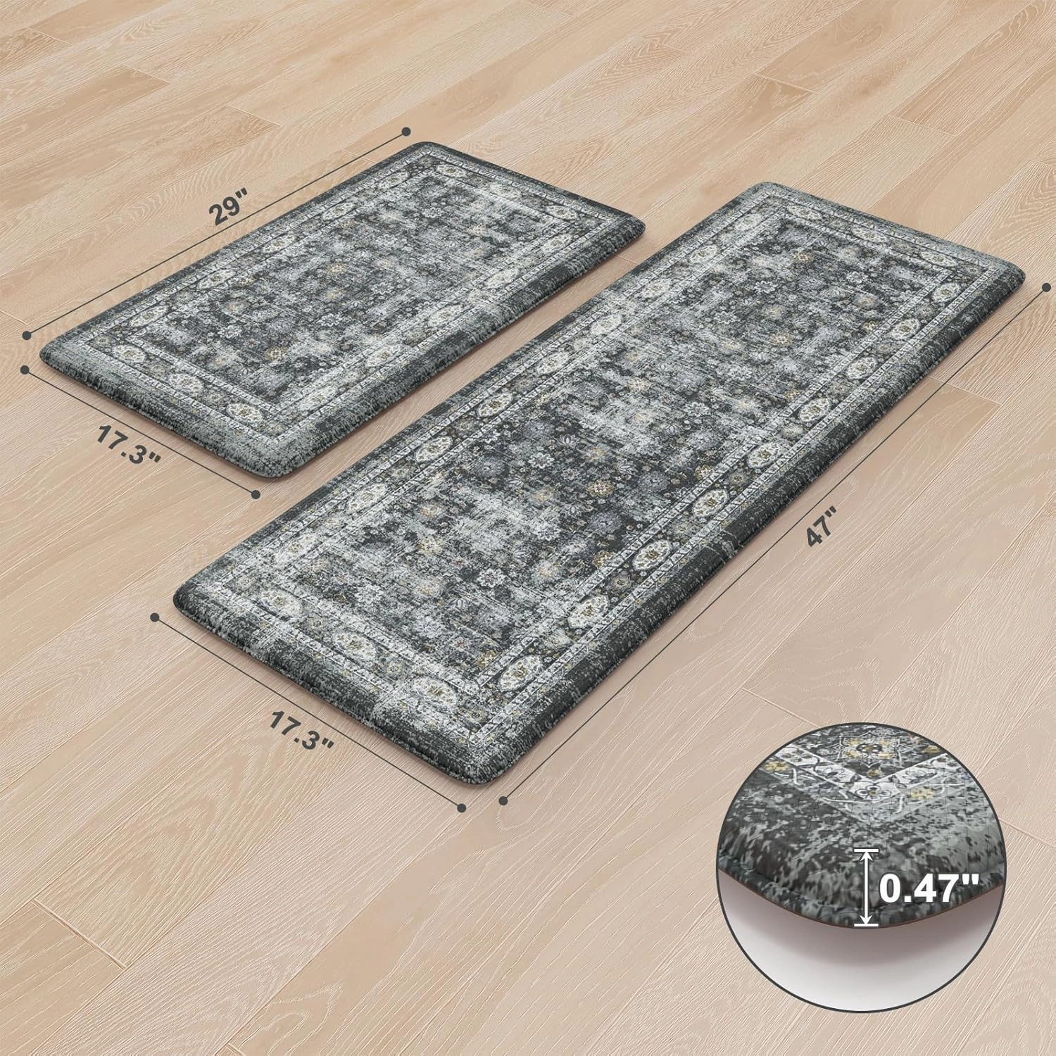 KIMODE Kitchen Mats for Floor, Boho Kitchen Rugs Sets of 2, Anti Fatigue Mats for Kitchen Floor, Cushioned Comfort Kitchen Floor Mats for Sink, Laundry, Desk Dark Grey 17"x47" 17"x29"