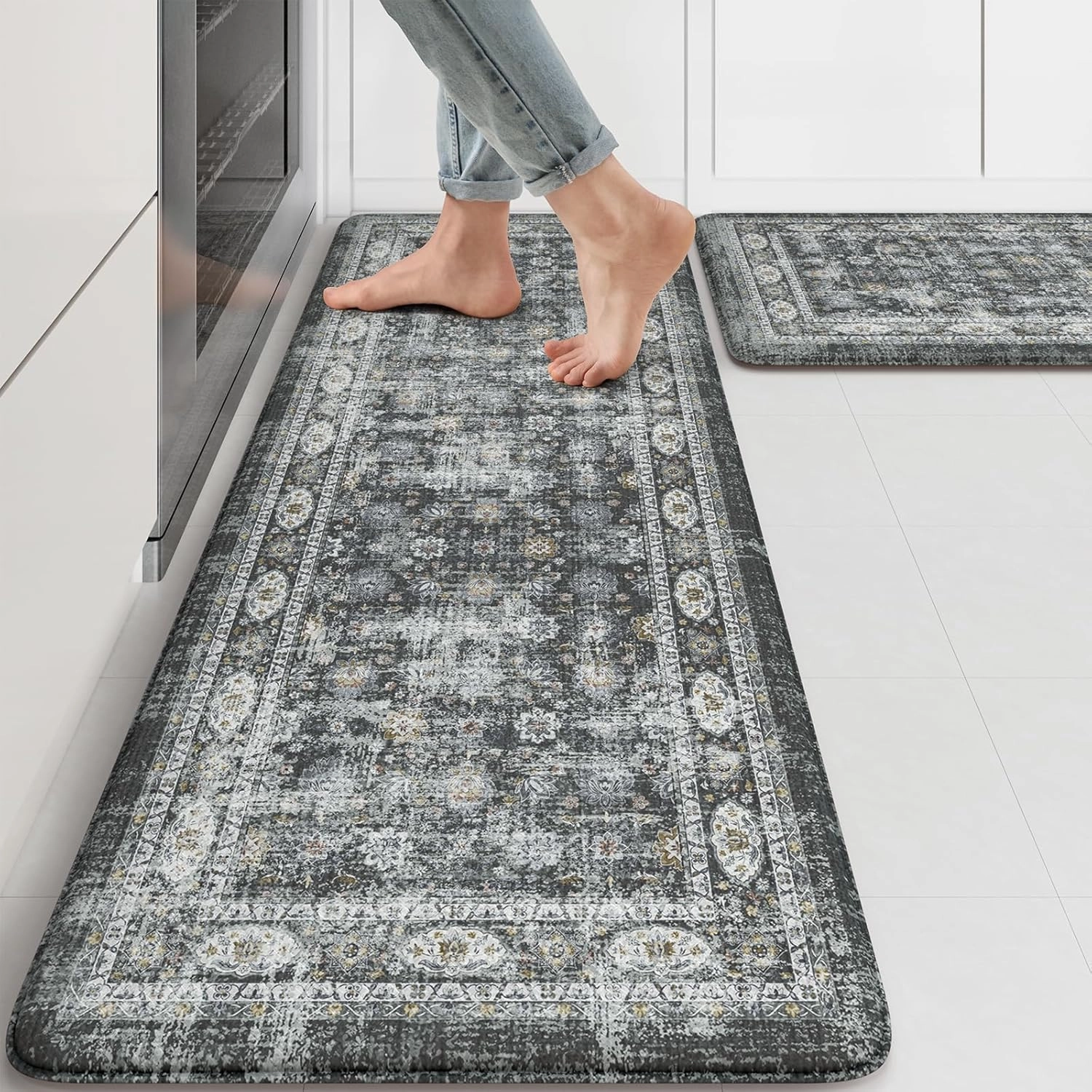 KIMODE Kitchen Mats for Floor, Boho Kitchen Rugs Sets of 2, Anti Fatigue Mats for Kitchen Floor, Cushioned Comfort Kitchen Floor Mats for Sink, Laundry, Desk Dark Grey 17"x47" 17"x29"