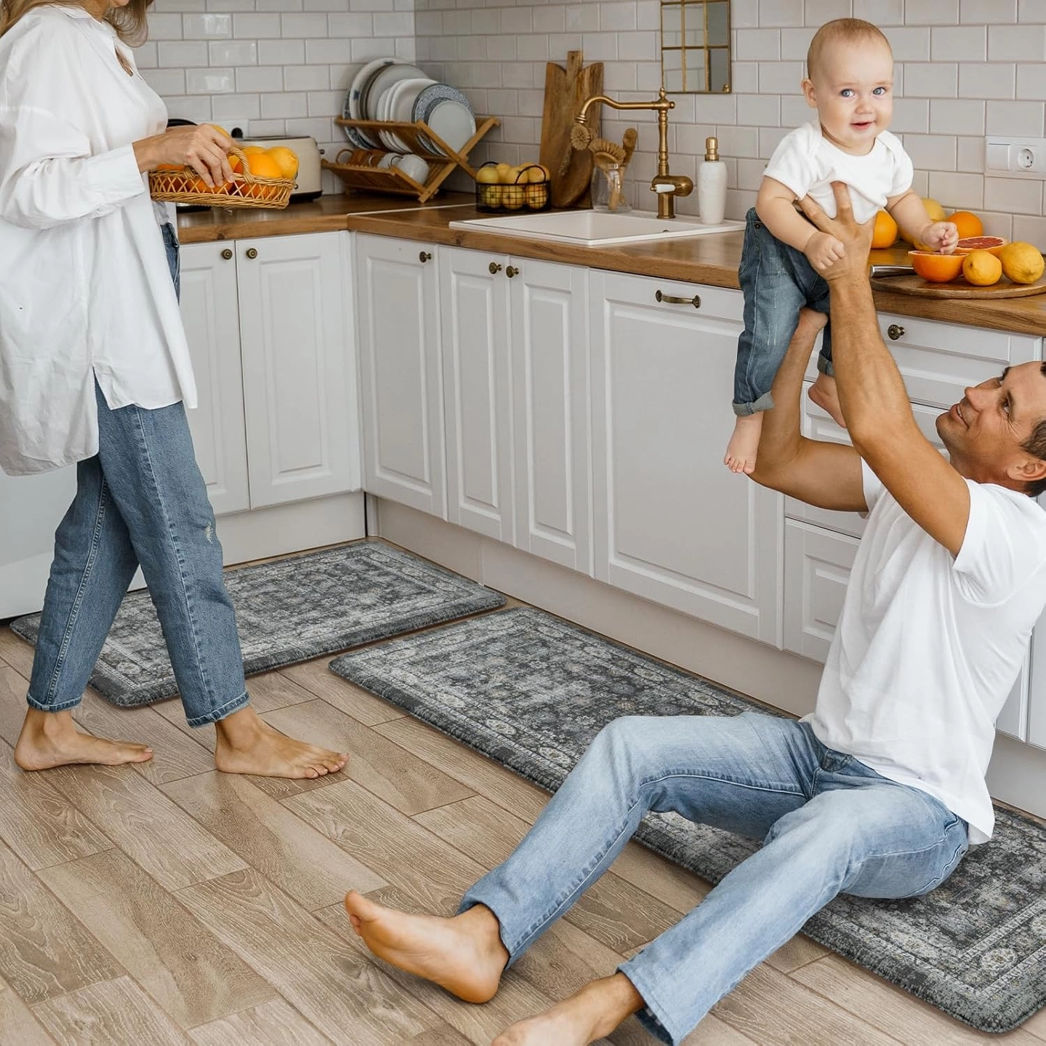 KIMODE Kitchen Mats for Floor, Boho Kitchen Rugs Sets of 2, Anti Fatigue Mats for Kitchen Floor, Cushioned Comfort Kitchen Floor Mats for Sink, Laundry, Desk Dark Grey 17"x47" 17"x29"