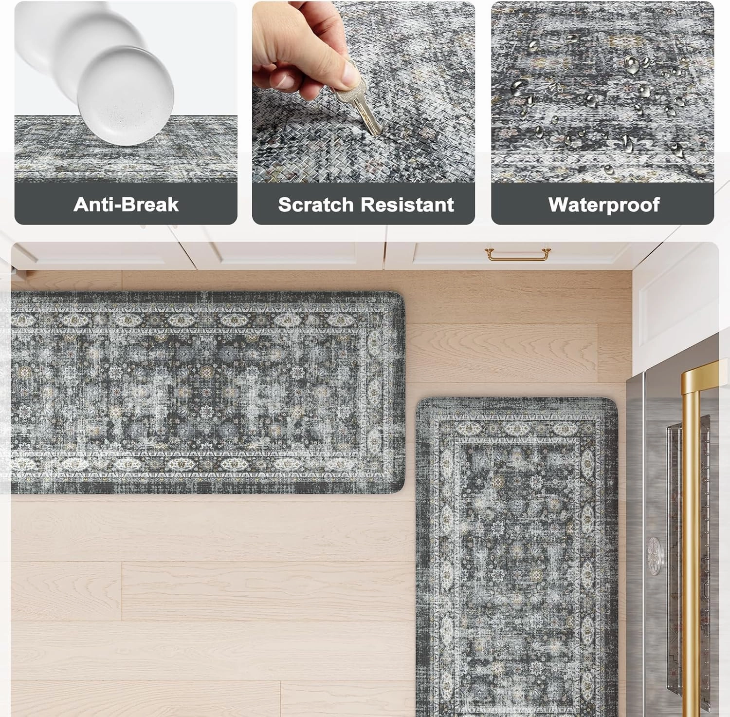 KIMODE Kitchen Mats for Floor, Boho Kitchen Rugs Sets of 2, Anti Fatigue Mats for Kitchen Floor, Cushioned Comfort Kitchen Floor Mats for Sink, Laundry, Desk Dark Grey 17"x47" 17"x29"
