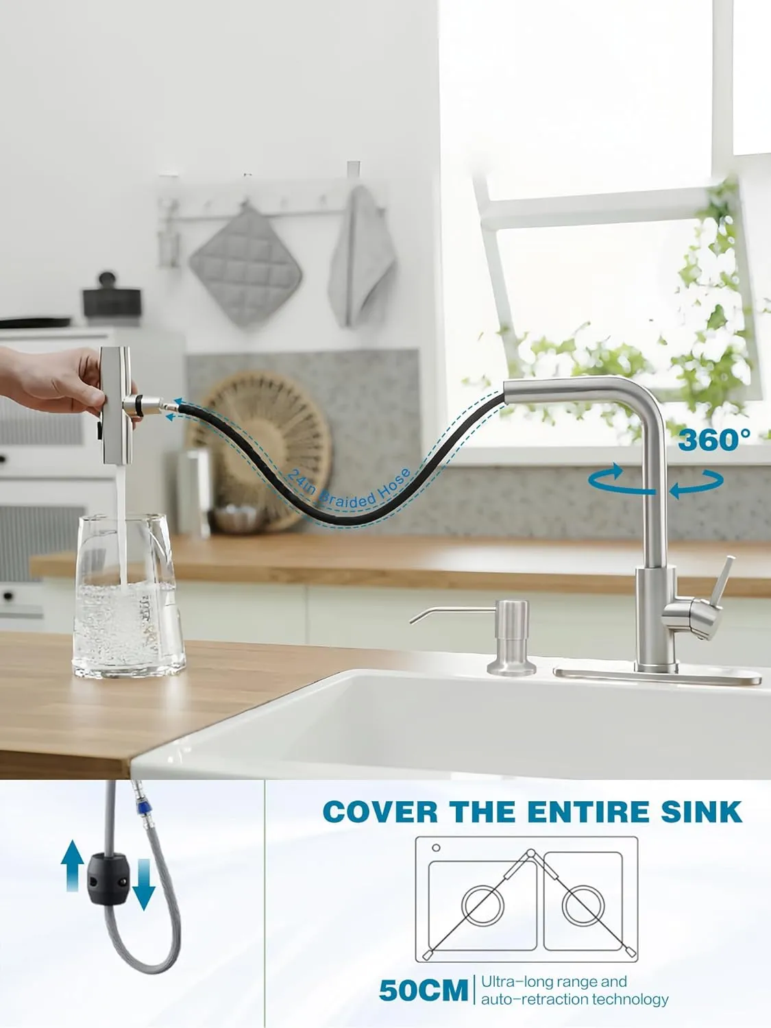Kitchen Faucets with Pull Down Sprayer,Waterfall Kitchen Sink Faucet with Soap Dispenser,Utility Stainless Steel Kitchen Faucets,Single Handle Kitchen Sink Faucet with Pull Down Sprayer for 3 Function