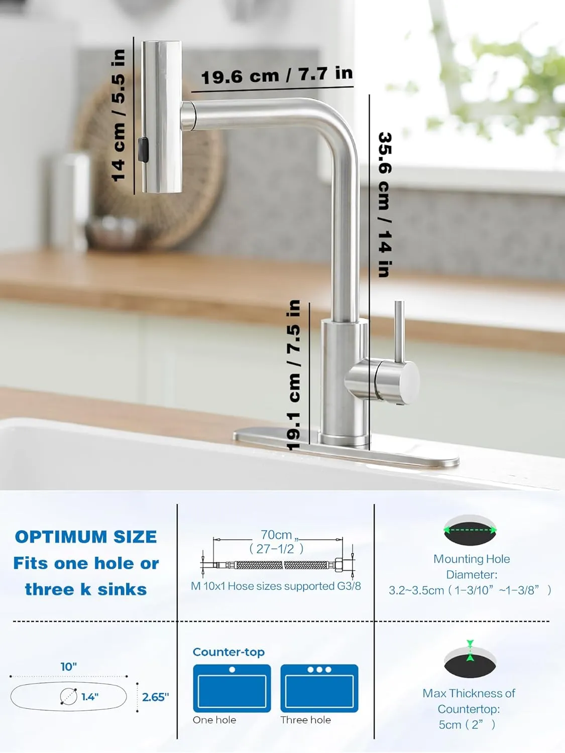 Kitchen Faucets with Pull Down Sprayer,Waterfall Kitchen Sink Faucet,Commercial Utility Stainless Steel Kitchen Faucets,Single Handle Kitchen Sink Faucet with Pull Down Sprayer for 3 Function,Brushed