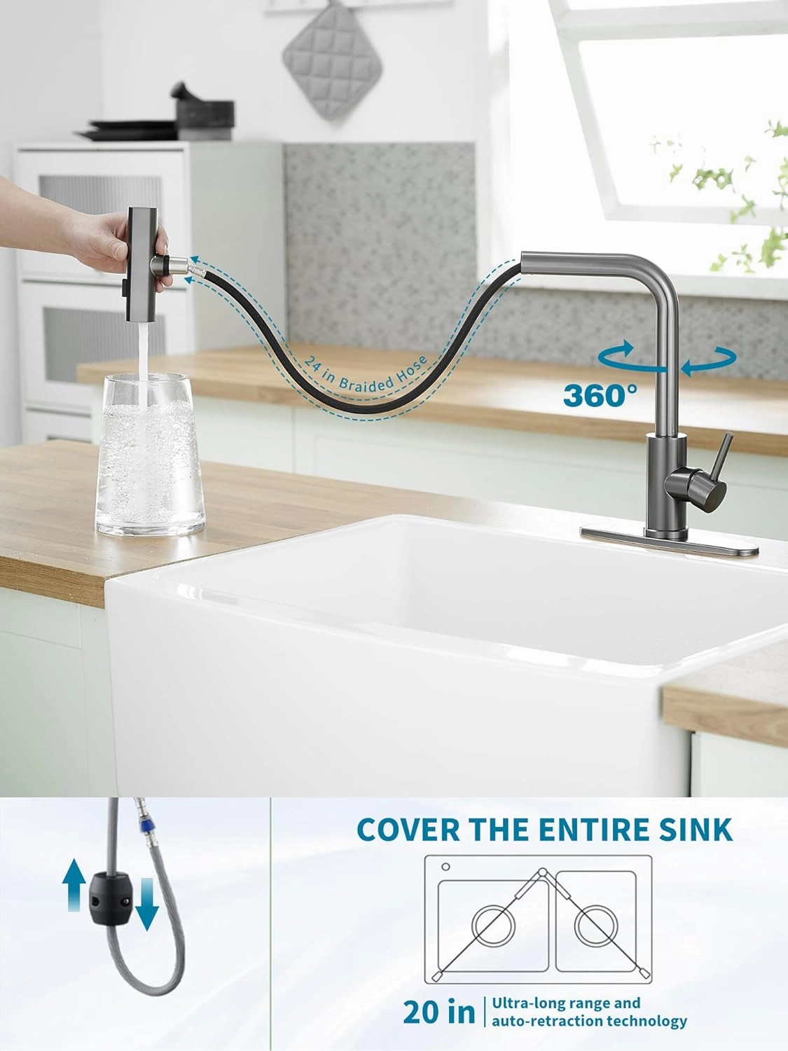Kitchen Faucets with Pull Down Sprayer,Waterfall Kitchen Sink Faucet,Commercial Utility Stainless Steel Kitchen Faucets,Single Handle Kitchen Sink Faucet with Pull Down Sprayer for 3 Function,Grey