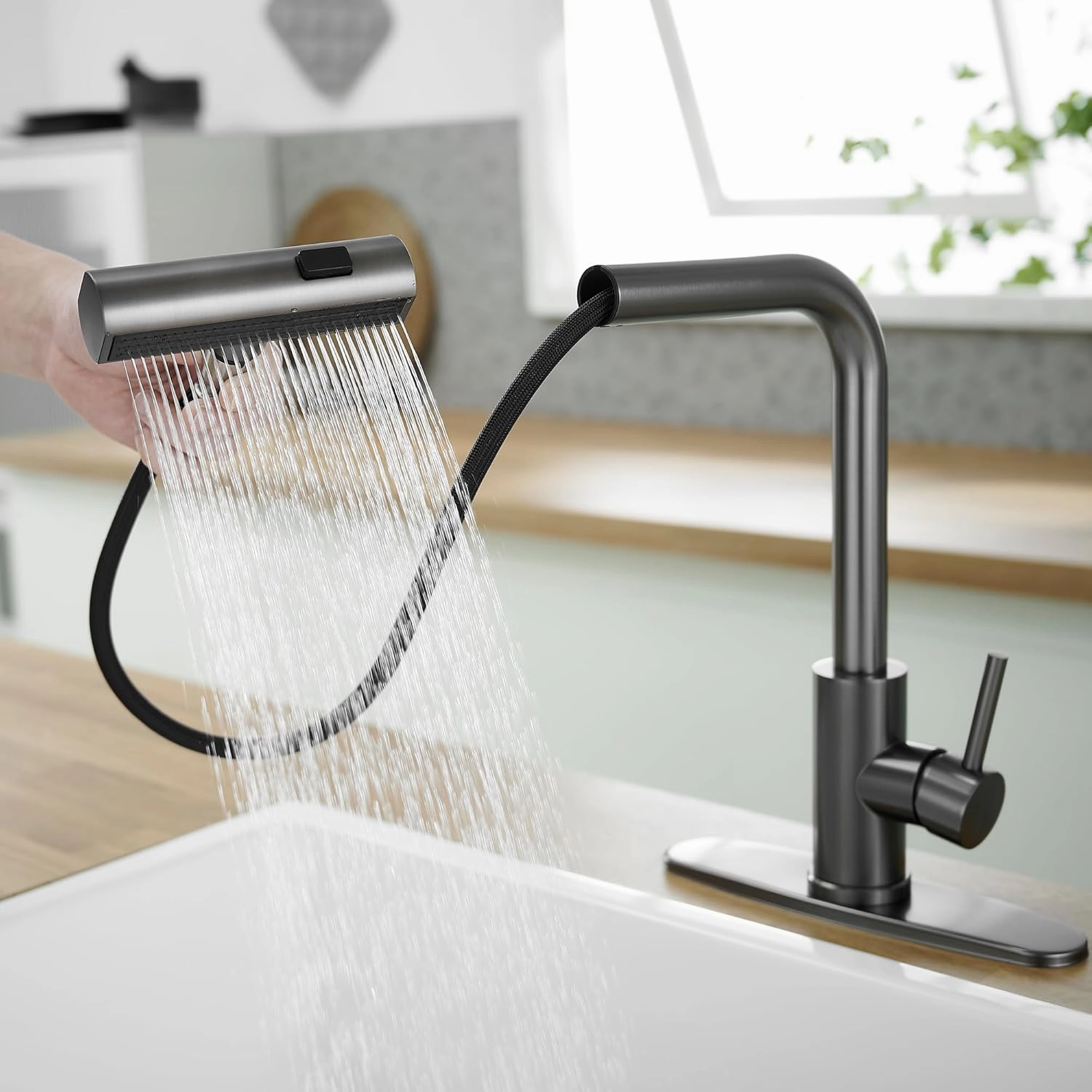 Kitchen Faucets with Pull Down Sprayer,Waterfall Kitchen Sink Faucet,Commercial Utility Stainless Steel Kitchen Faucets,Single Handle Kitchen Sink Faucet with Pull Down Sprayer for 3 Function,Grey