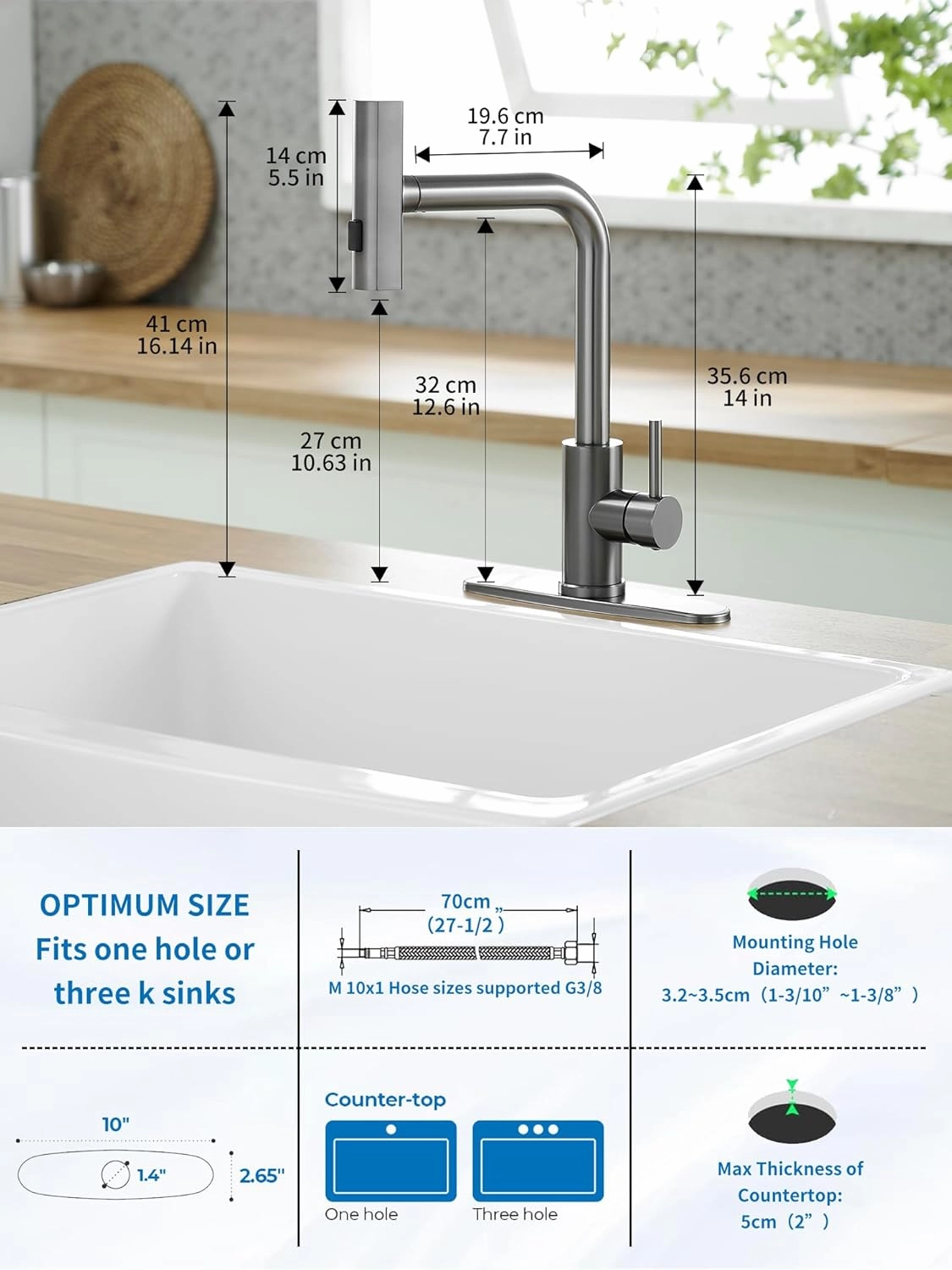 Kitchen Faucets with Pull Down Sprayer,Waterfall Kitchen Sink Faucet,Commercial Utility Stainless Steel Kitchen Faucets,Single Handle Kitchen Sink Faucet with Pull Down Sprayer for 3 Function,Grey