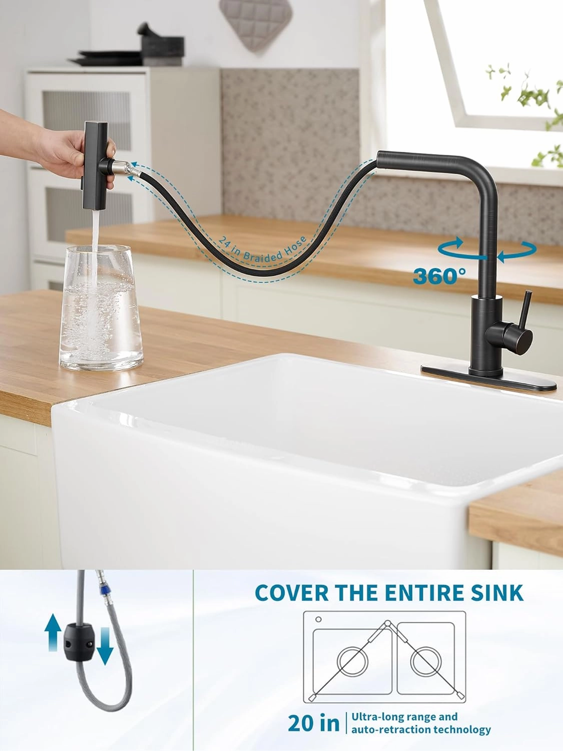 Kitchen Faucets with Pull Down Sprayer,Waterfall Kitchen Sink Faucet,Commercial Utility Stainless Steel Kitchen Faucets,Single Handle Kitchen Sink Faucet with Pull Down Sprayer for 3 Function,ORB