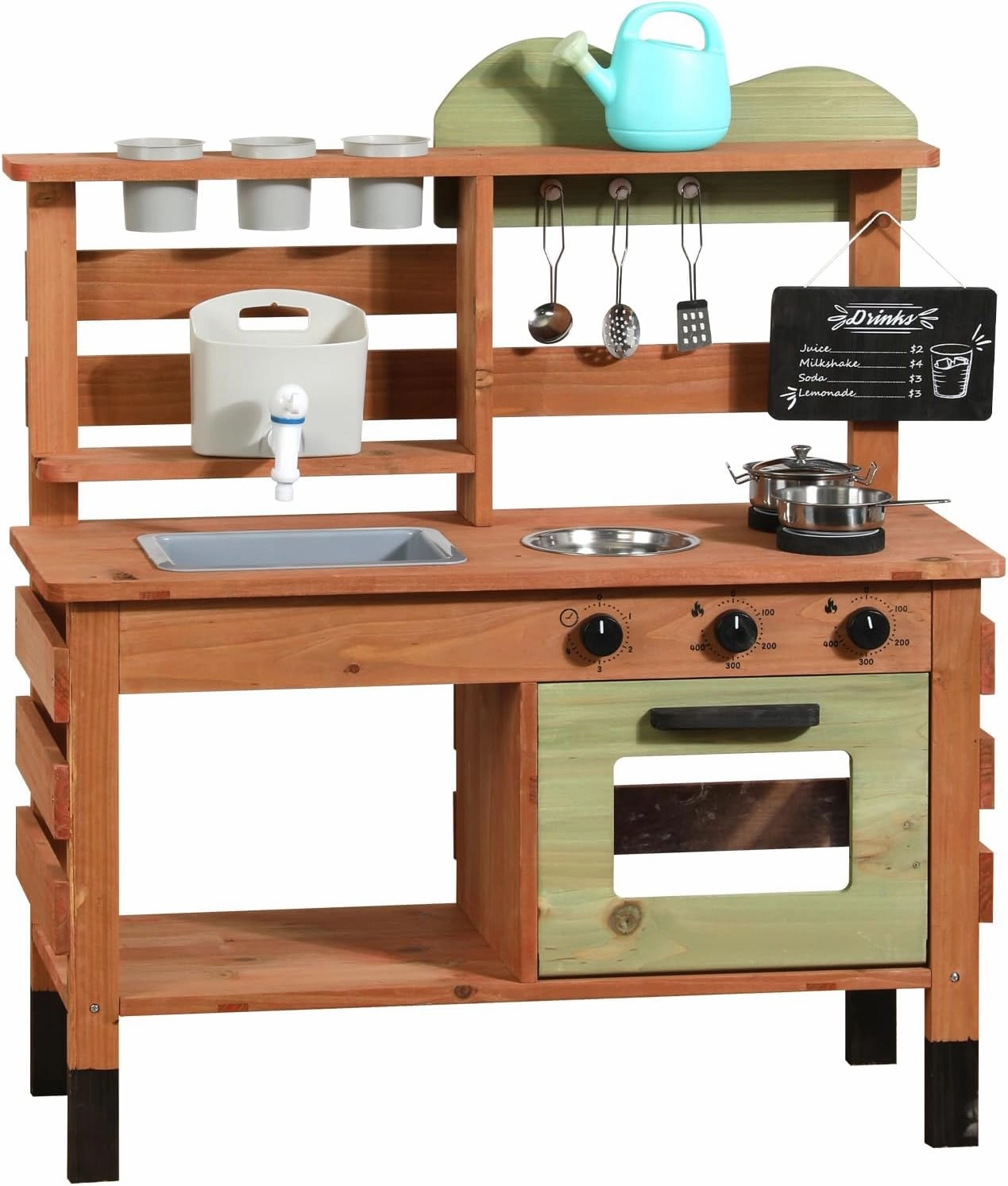 Kitchen Playset for Kids Ages 3-8, Wooden Pretend Play Kitchen for Toddlers, Including Telephone, Ice Maker, Refrigerator, Dimensions: 35” H x 31” W x 12” D (Green)