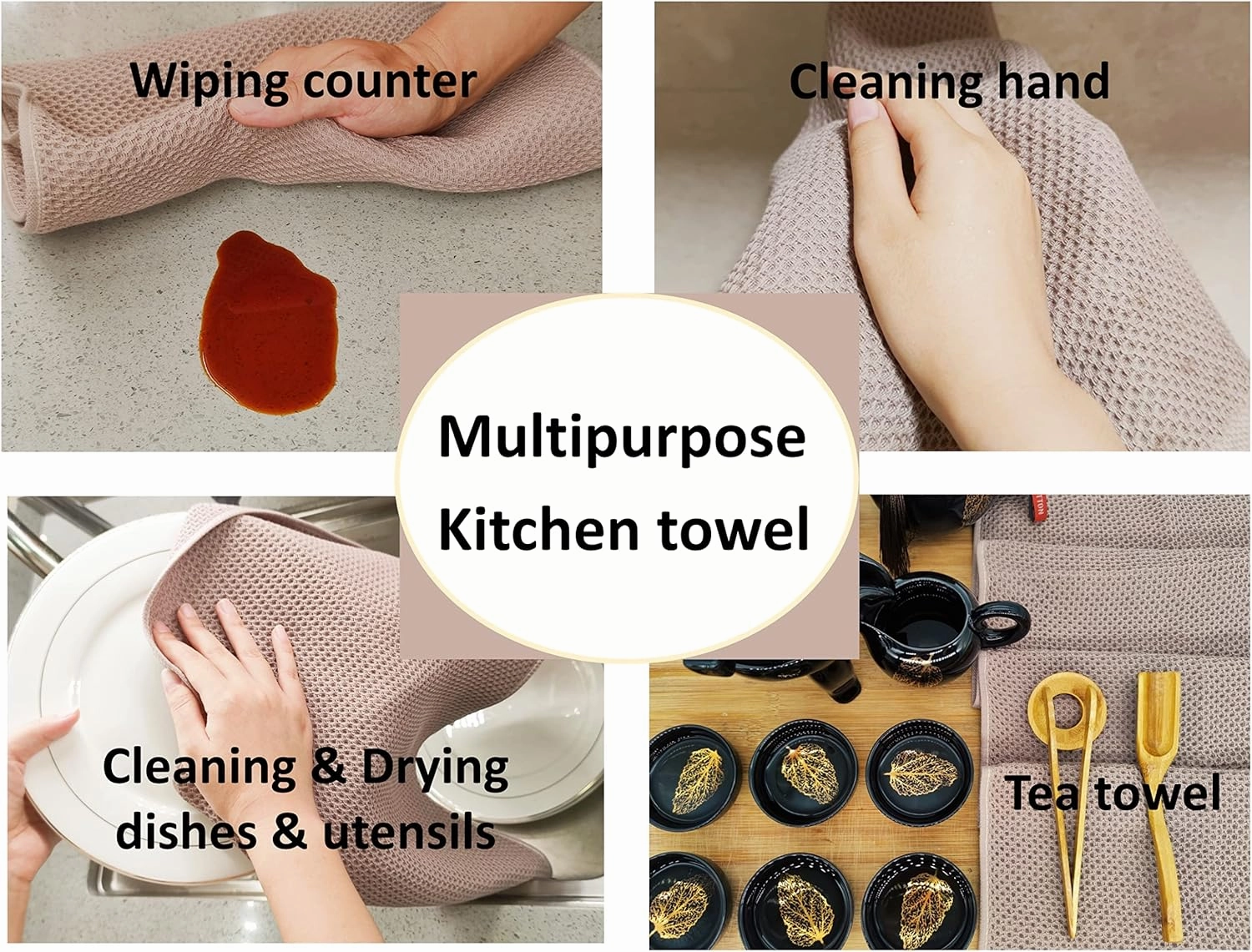 Kitchen Towels 100% Cotton Waffle Weave Dish Towel for Cleaning Drying Dishes Extra Absorbent and Soft, Dish Cloth,13 x 28 in (Brown-6 Pack)