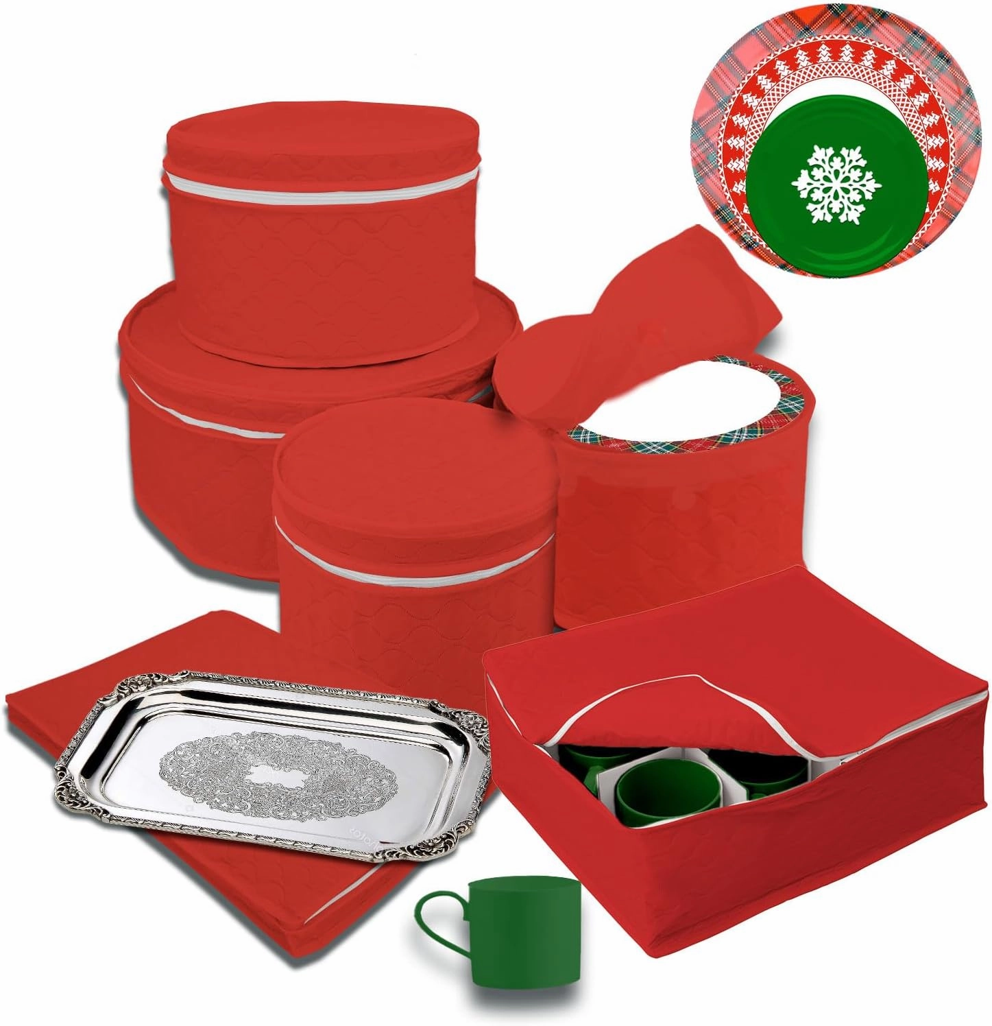 LAMINET 6 Piece Quilted Dinnerware Storage Starter Set - Includes 4 Plate Cases, 1 Cup Case & Platter Case - RED