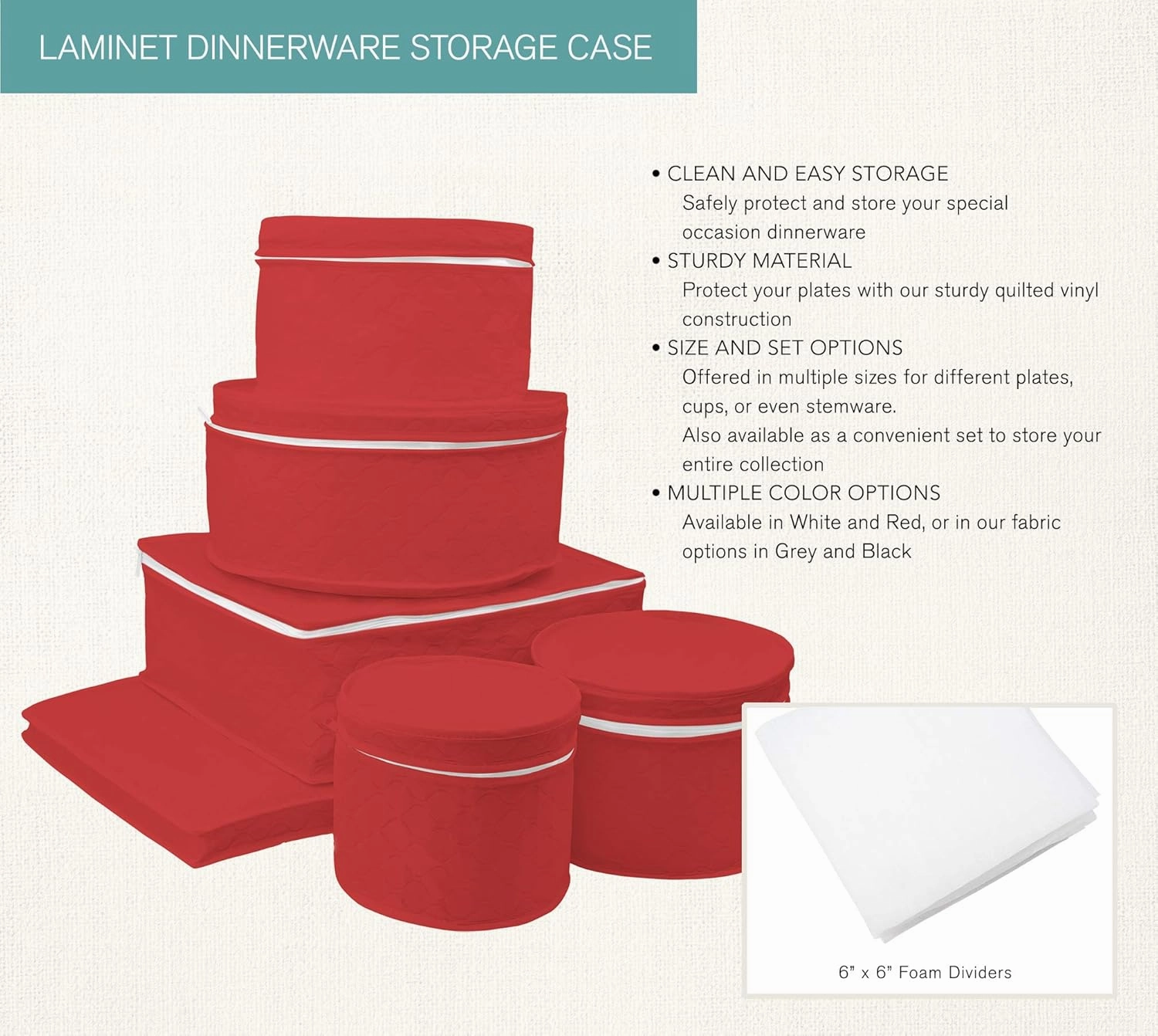 LAMINET 6 Piece Quilted Dinnerware Storage Starter Set - Includes 4 Plate Cases, 1 Cup Case & Platter Case - RED