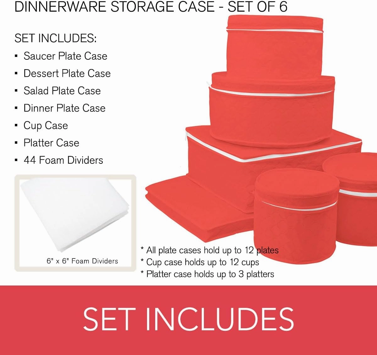 LAMINET 6 Piece Quilted Dinnerware Storage Starter Set - Includes 4 Plate Cases, 1 Cup Case & Platter Case - RED