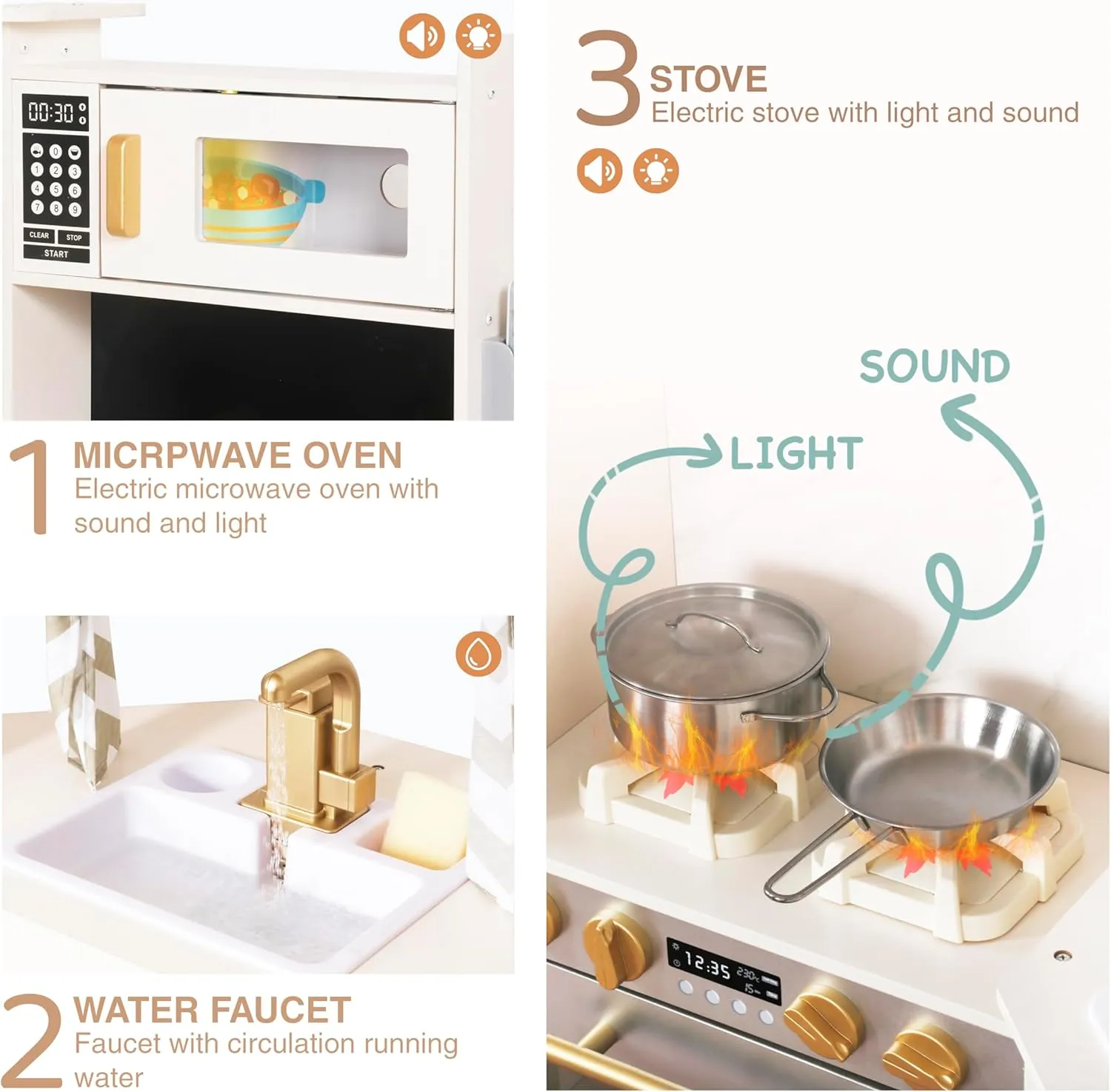 Large Wooden Corner Play Kitchen Sets with Ice Maker,Water Dispenser,Bread Maker,Washing Machine,Electronic Display,Toy Sink with Running Water,Stove with Light&Sounds, Birthday Gift for 3 Boys Girl