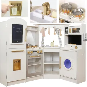Large Wooden Corner Play Kitchen Sets with Ice Maker,Water Dispenser,Bread Maker,Washing Machine,Electronic Display,Toy Sink with Running Water,Stove with Light&Sounds, Birthday Gift for 3 Boys Girl