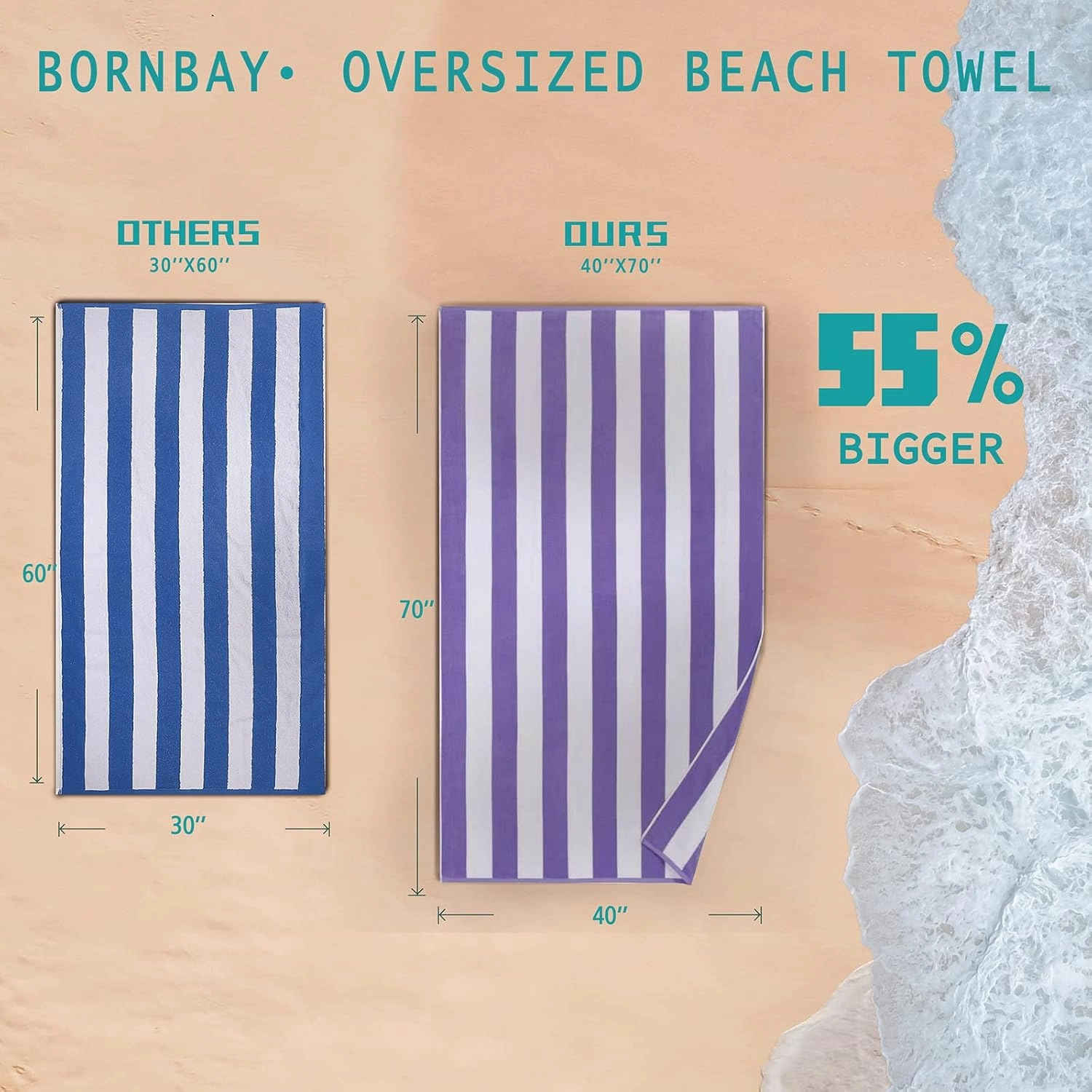 Large Beach Towel Oversized - 40"X70" Big Cute Beach Towels, Extra Large Thick Purple Beach Towel, XL Wide Fluffy Swimming Towel Oversize,Giant Stripe Cotton Pool Towel for Adults