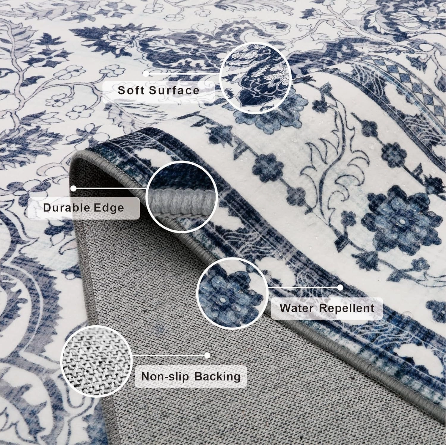 Large Boho Area Rug 9x12 Machine Washable Area Rugs Living Room Non Slip Eco-Friendly Area Rugs for Bedroom Easy to Clean Stain Resistannt Rug(Blue,9x12ft)