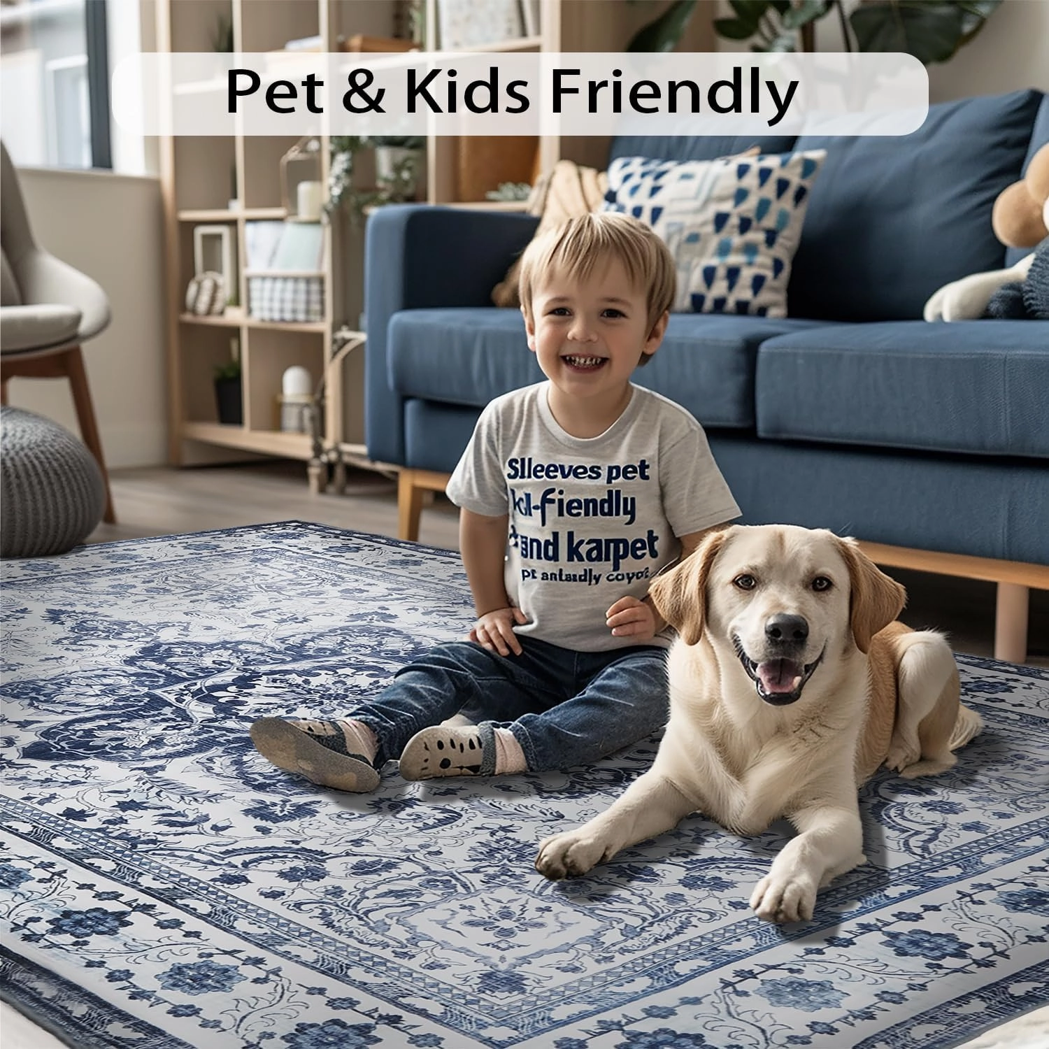 Large Boho Area Rug 9x12 Machine Washable Area Rugs Living Room Non Slip Eco-Friendly Area Rugs for Bedroom Easy to Clean Stain Resistannt Rug(Blue,9x12ft)