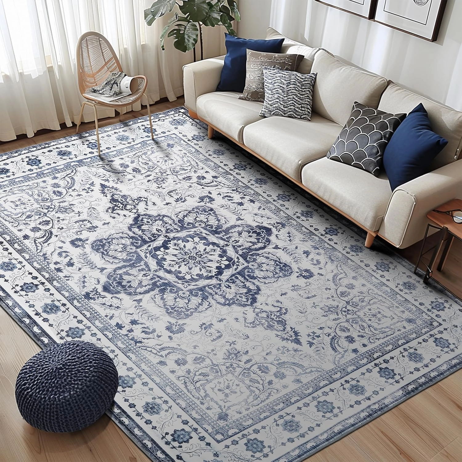 Large Boho Area Rug 9x12 Machine Washable Area Rugs Living Room Non Slip Eco-Friendly Area Rugs for Bedroom Easy to Clean Stain Resistannt Rug(Blue,9x12ft)