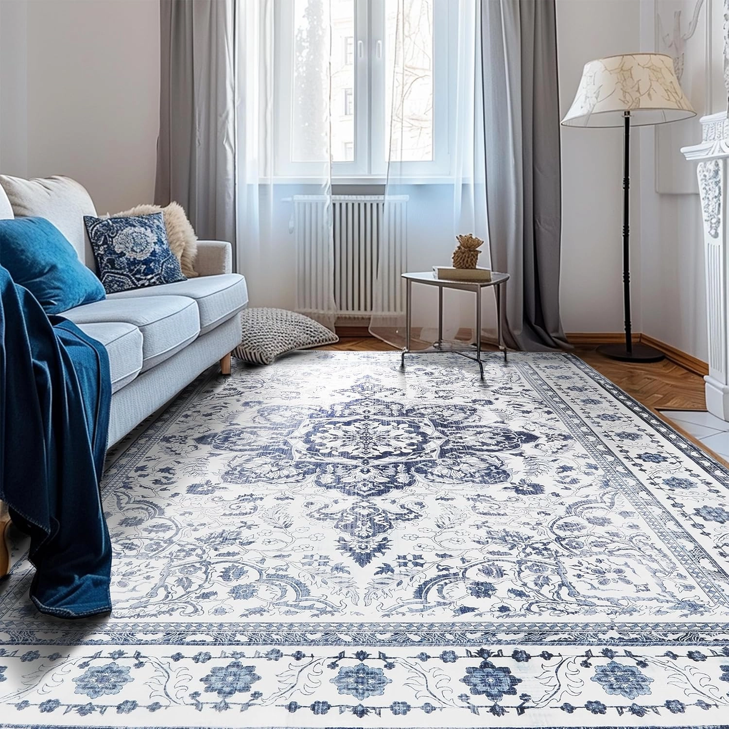 Large Boho Area Rug 9x12 Machine Washable Area Rugs Living Room Non Slip Eco-Friendly Area Rugs for Bedroom Easy to Clean Stain Resistannt Rug(Blue,9x12ft)